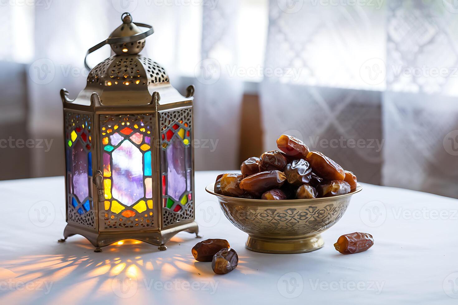 A colorful lantern and a bowl of dates photo