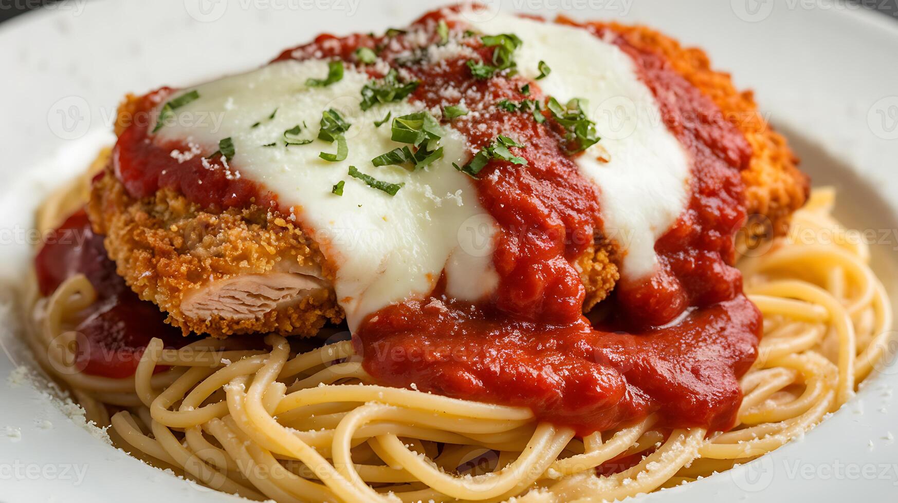 A plate of spaghetti and chicken with sauce photo