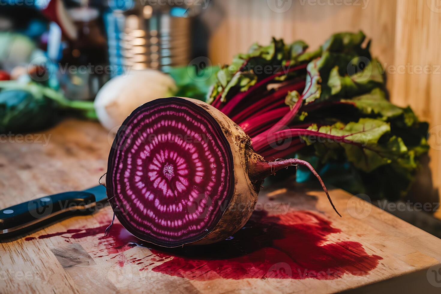 A beet is cut open on a cutting board photo