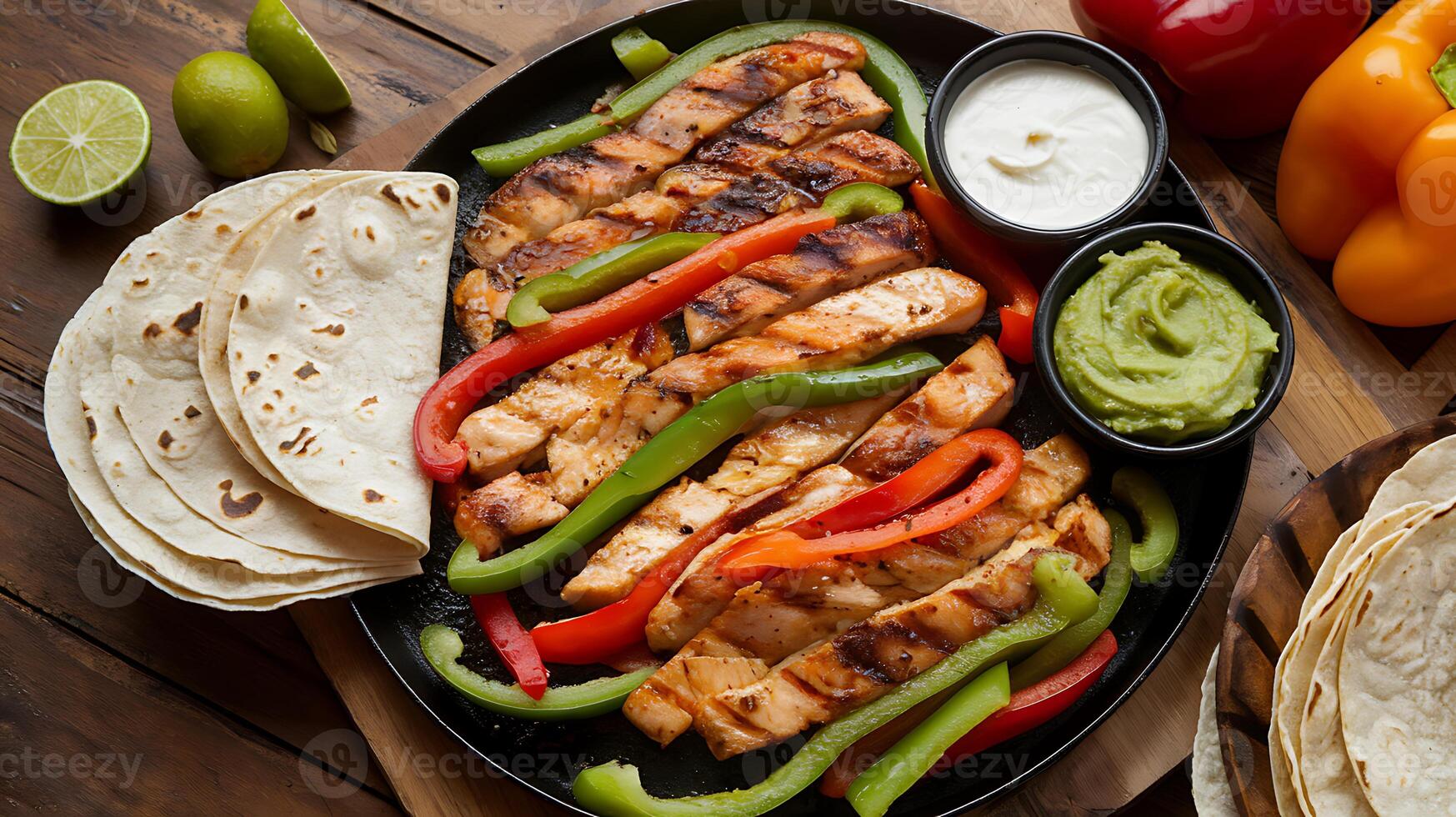 A plate of mexican food with tortillas and peppers photo