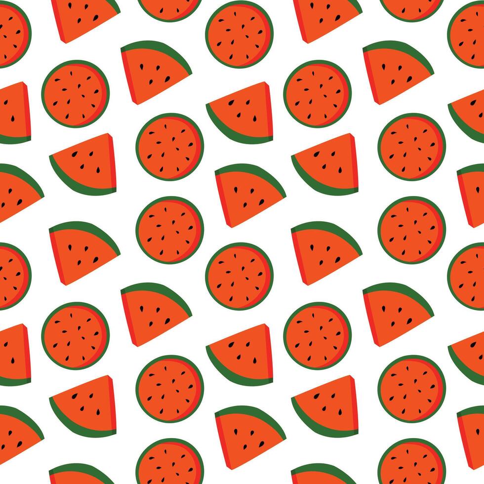 Seamless pattern of watermelon slices with seeds on white background, flat cartoon style. vector