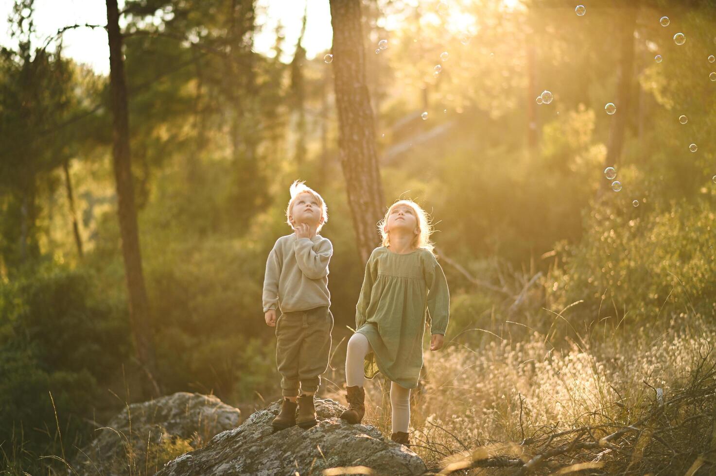 Two children stand in an enchanted forest, mesmerized by the glowing soap bubbles floating gently around them. photo
