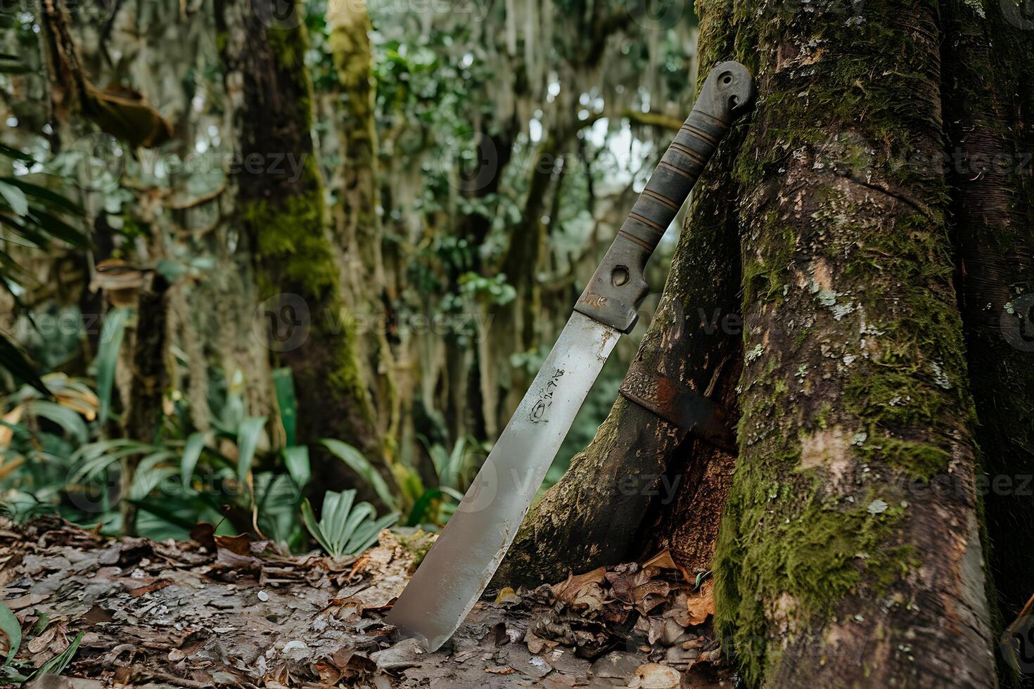 A knife is leaning against a tree in the woods photo