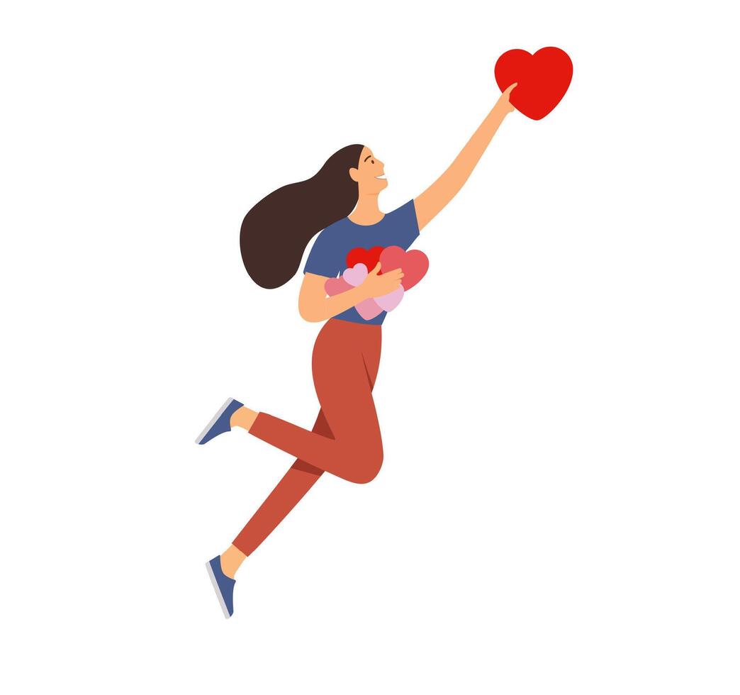 Happy woman jumping with hearts vector