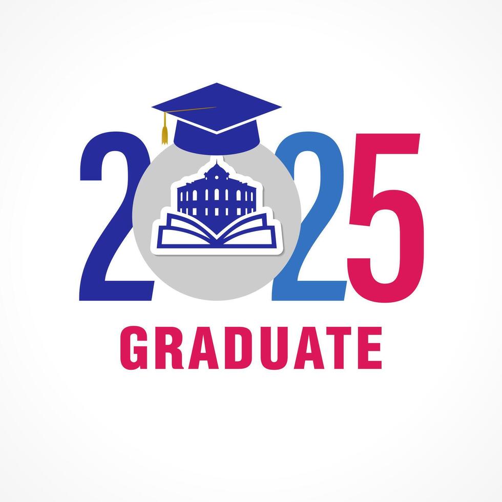 Educating awards 2025 logo design. Graduating icon with university emblem on 3D paper and blue mortarboard. Creative typographic concept. Happy Graduation Day 20 25 congrats template. Prom banner. vector