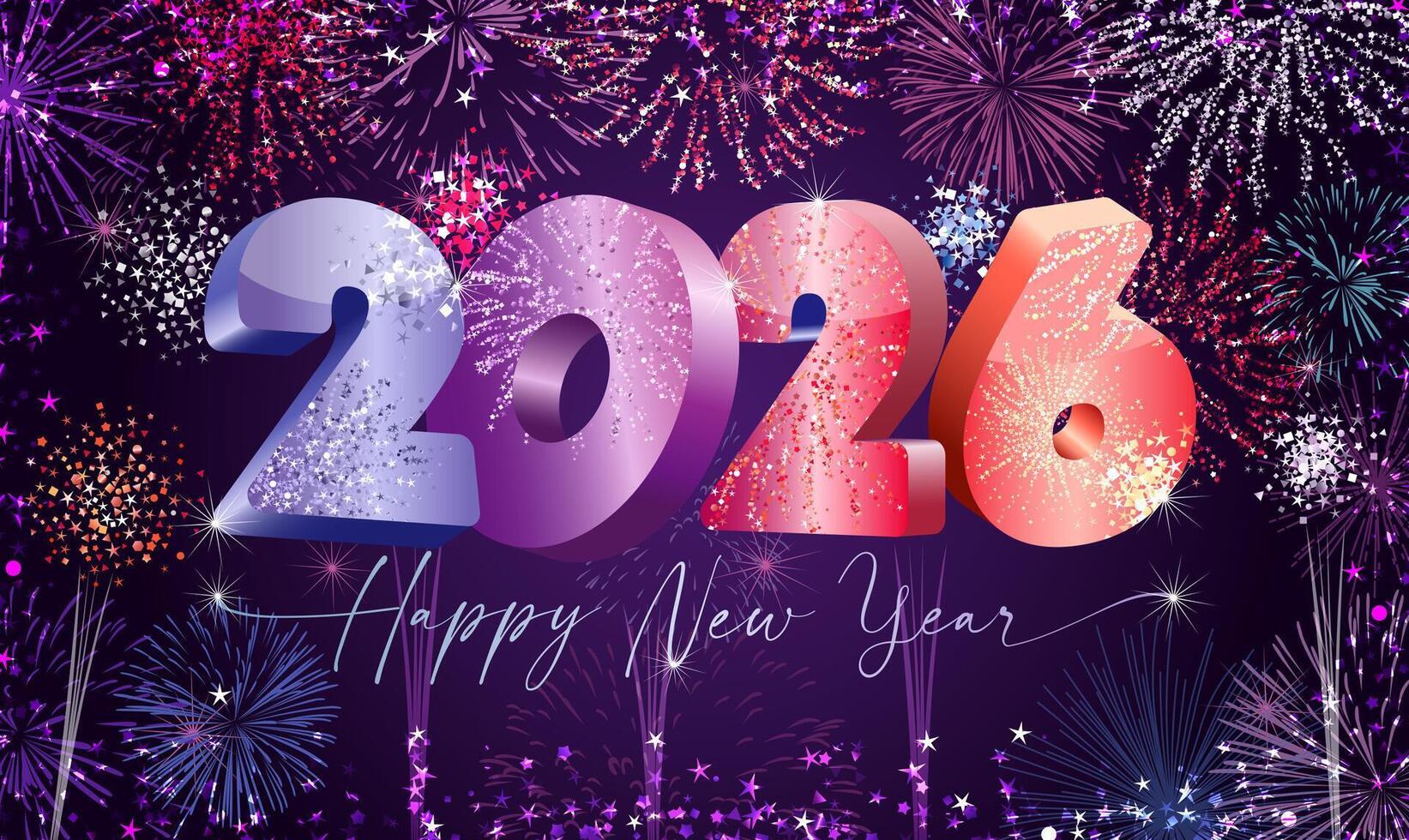New Year eve 2026 greeting card design with glittering fireworks. Happy holidays postcard concept, holiday background with glitters. Social network timeline story template. 3D isolated numbers 20 26 vector