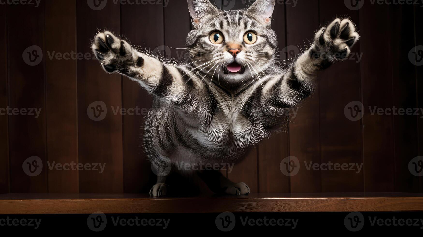 leap grey striped cat photo