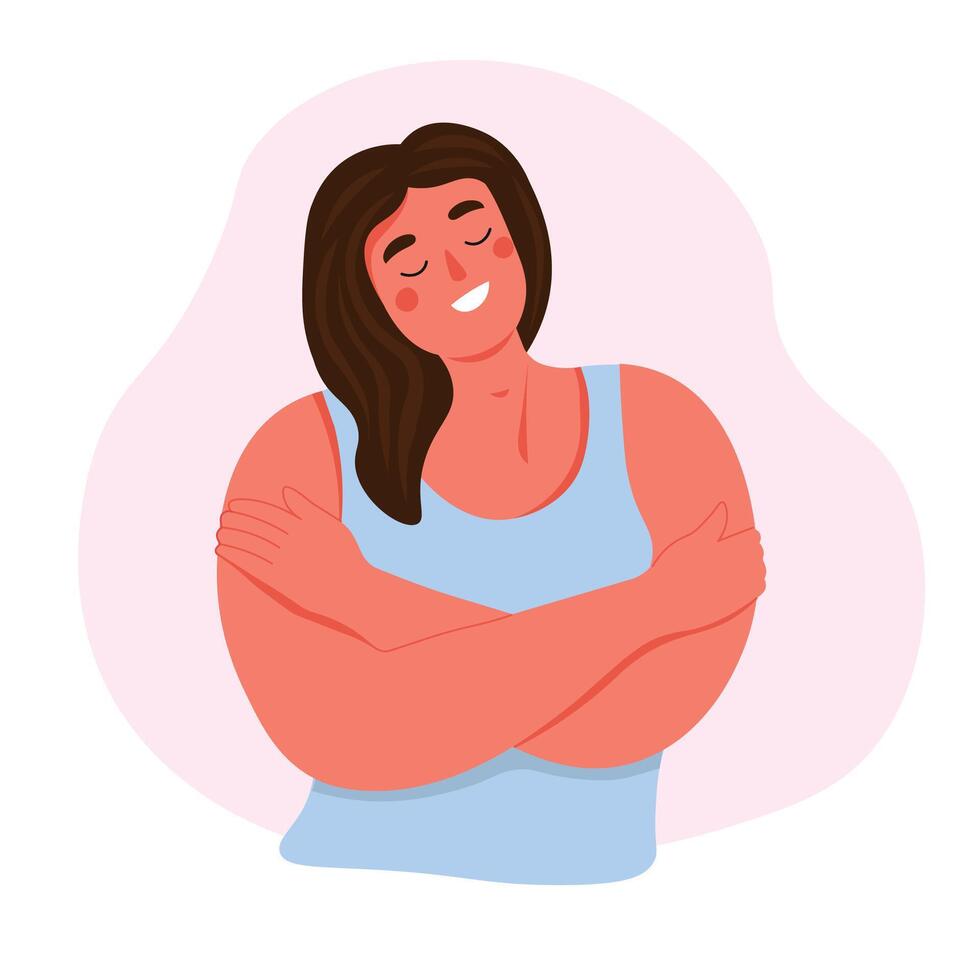 A woman hugs herself, loves to care, accepts. flat graphics. vector
