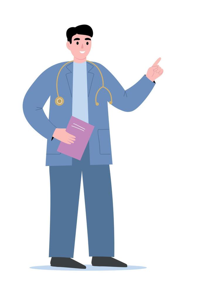A male doctor in a medical uniform with a stethoscope explains, shows, teaches. flat graphics. vector