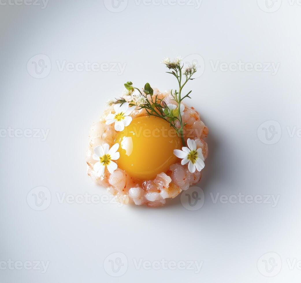 A small dish with an egg and flowers photo