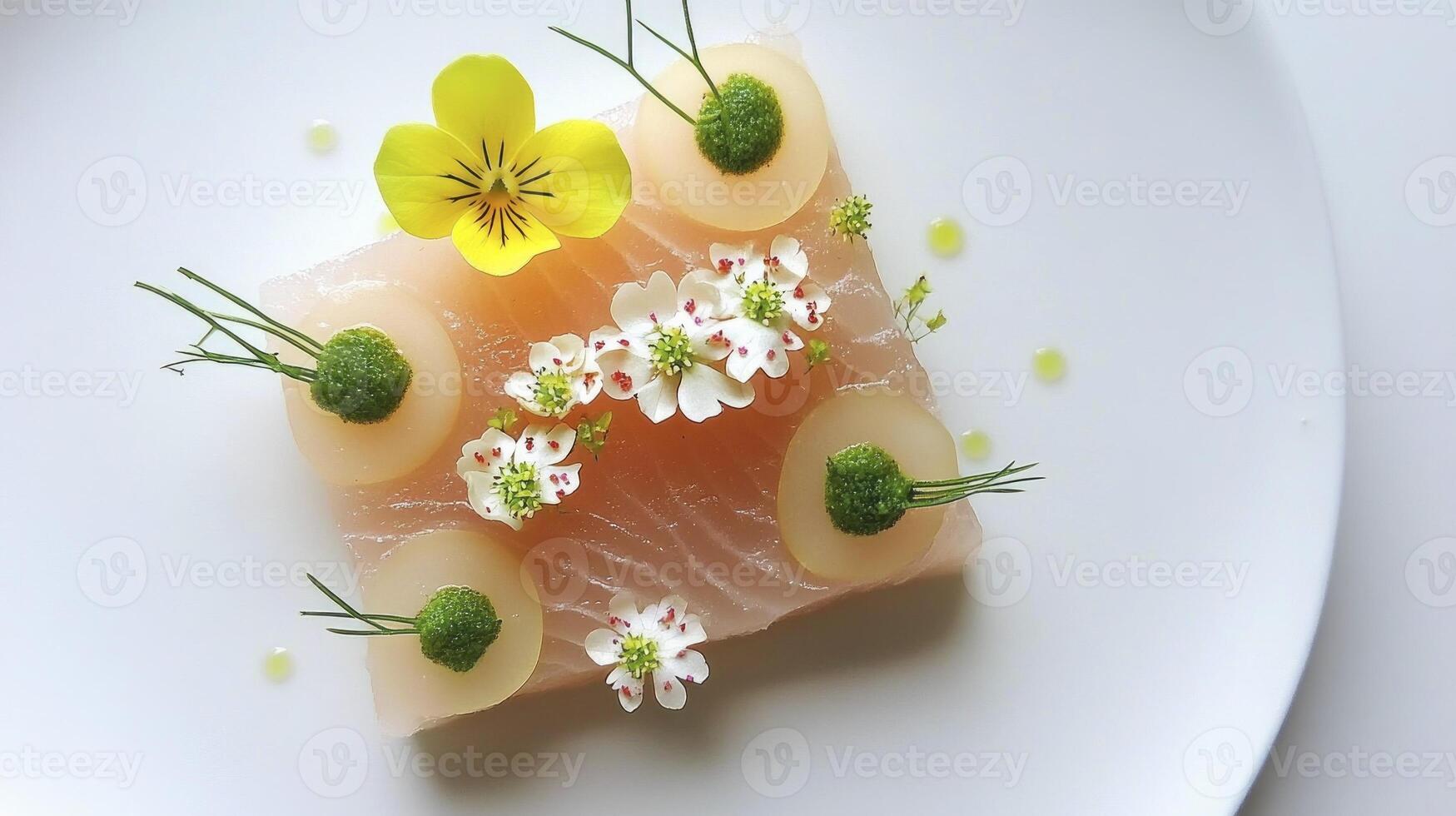 A plate with a piece of fish and flowers photo