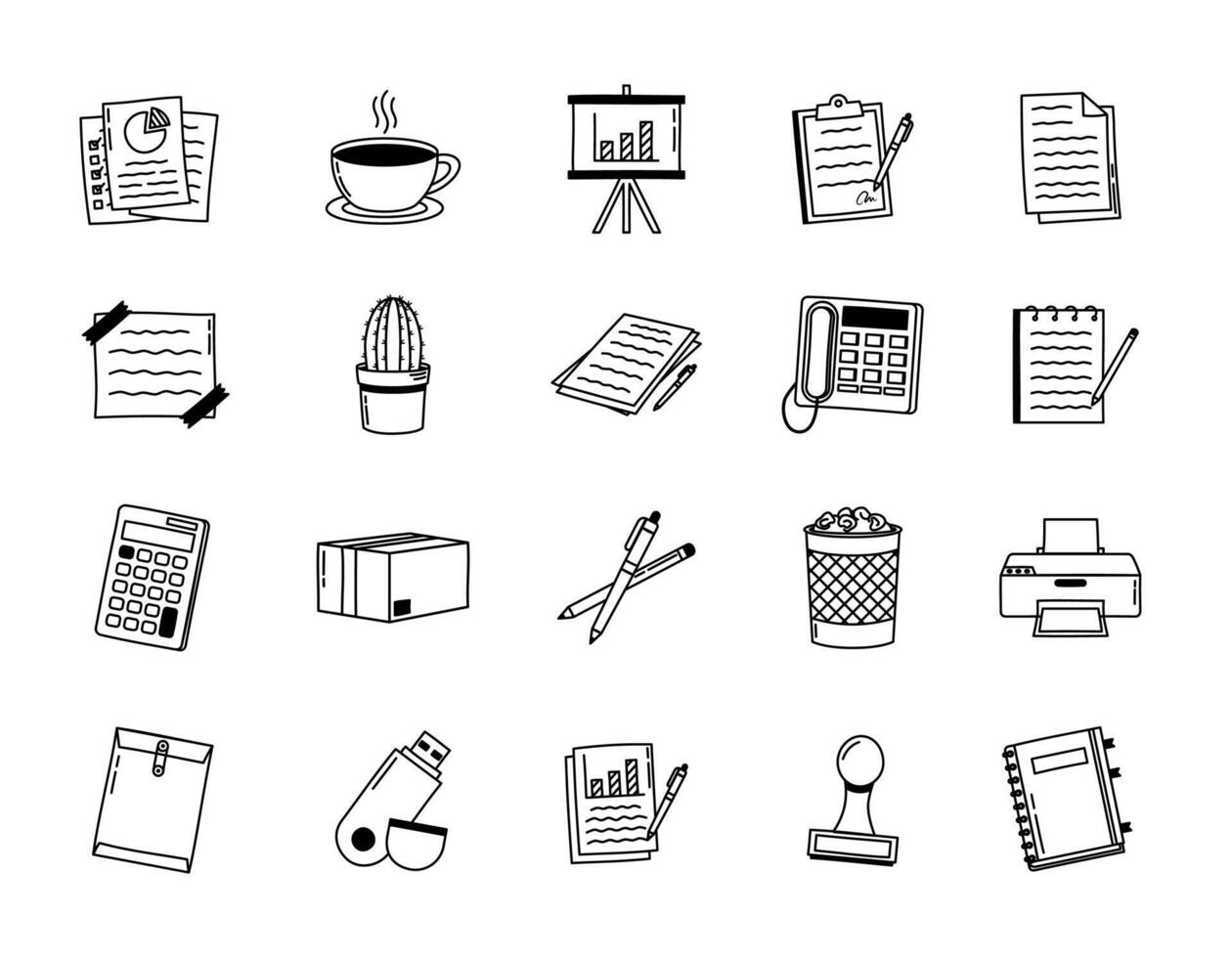 Collection of office equipment illustration icons in doodle style, Set of hand drawn office equipment and items icons vector