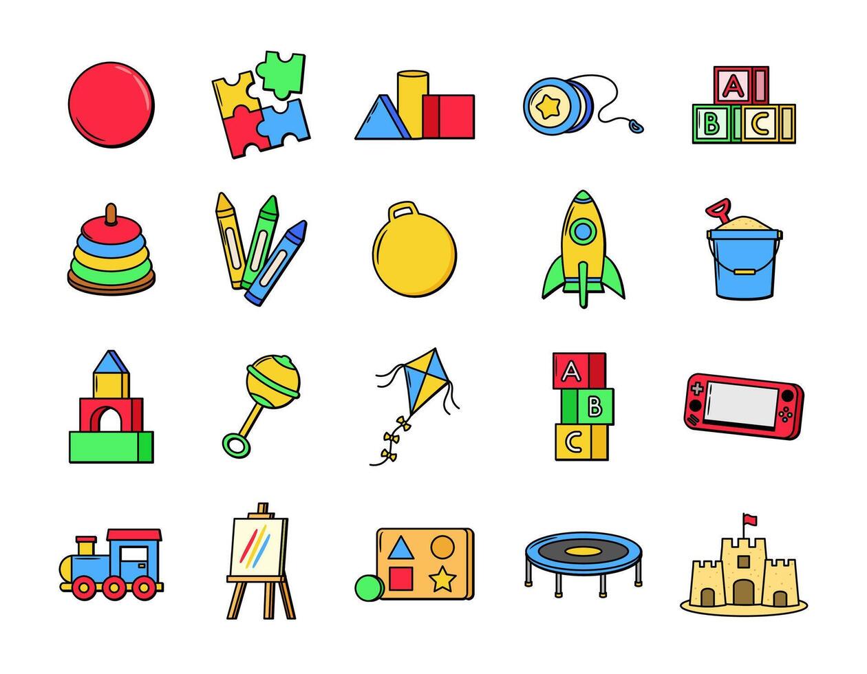 Collection of illustrations of children's toys in colorful doodle style, Set of cute toy icons vector
