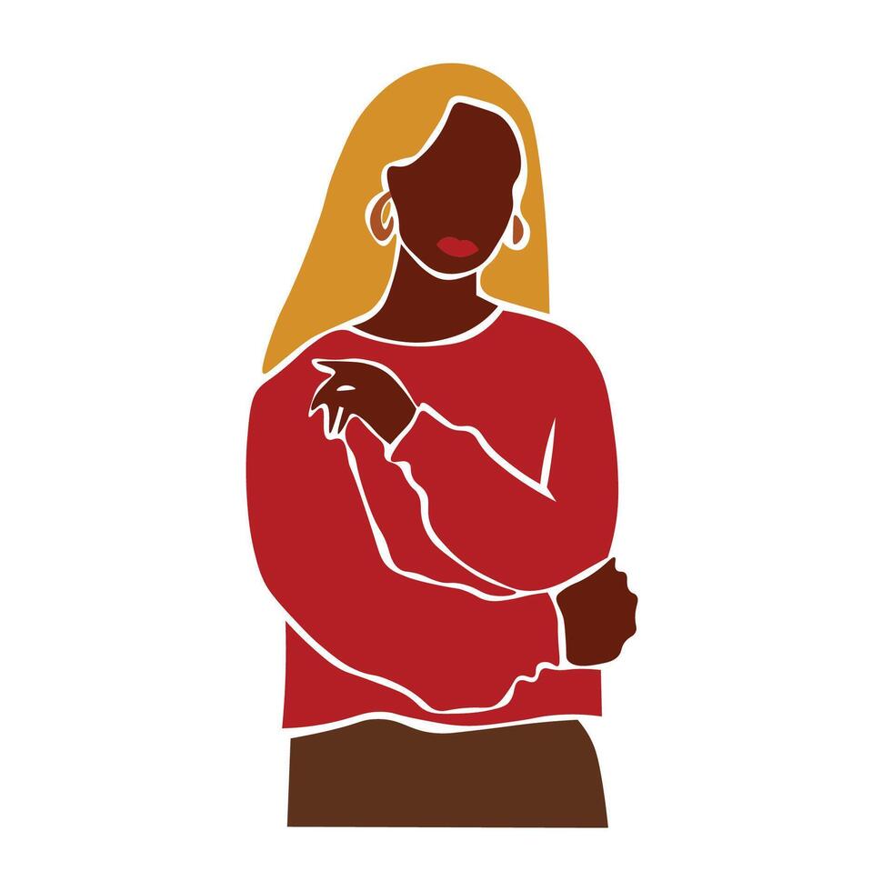 Abstract modern young black woman in red sweater elegant line art style vector