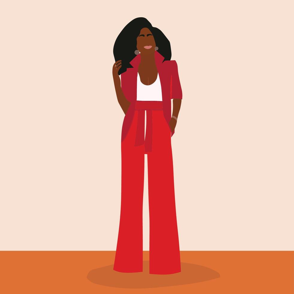 Young African Model in elegant red outfit line art style vector
