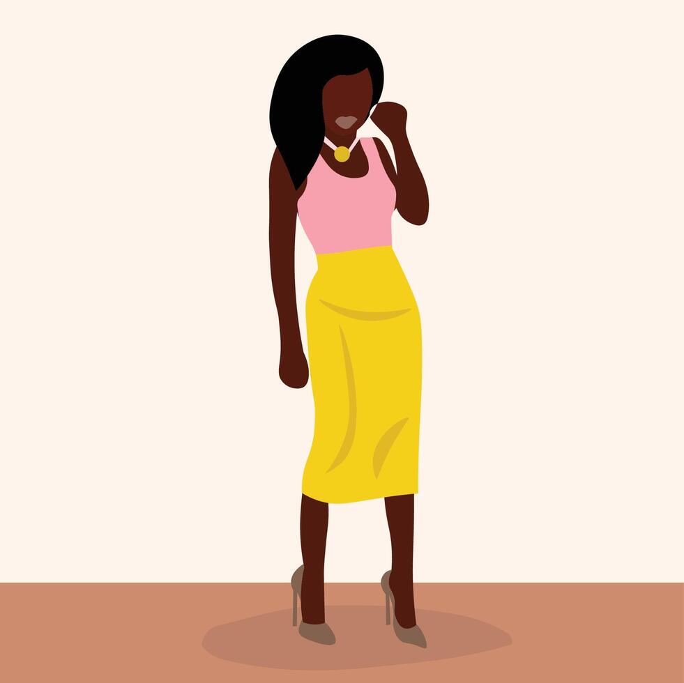Modern fashionable black woman in skirt elegant line art style abstract vector