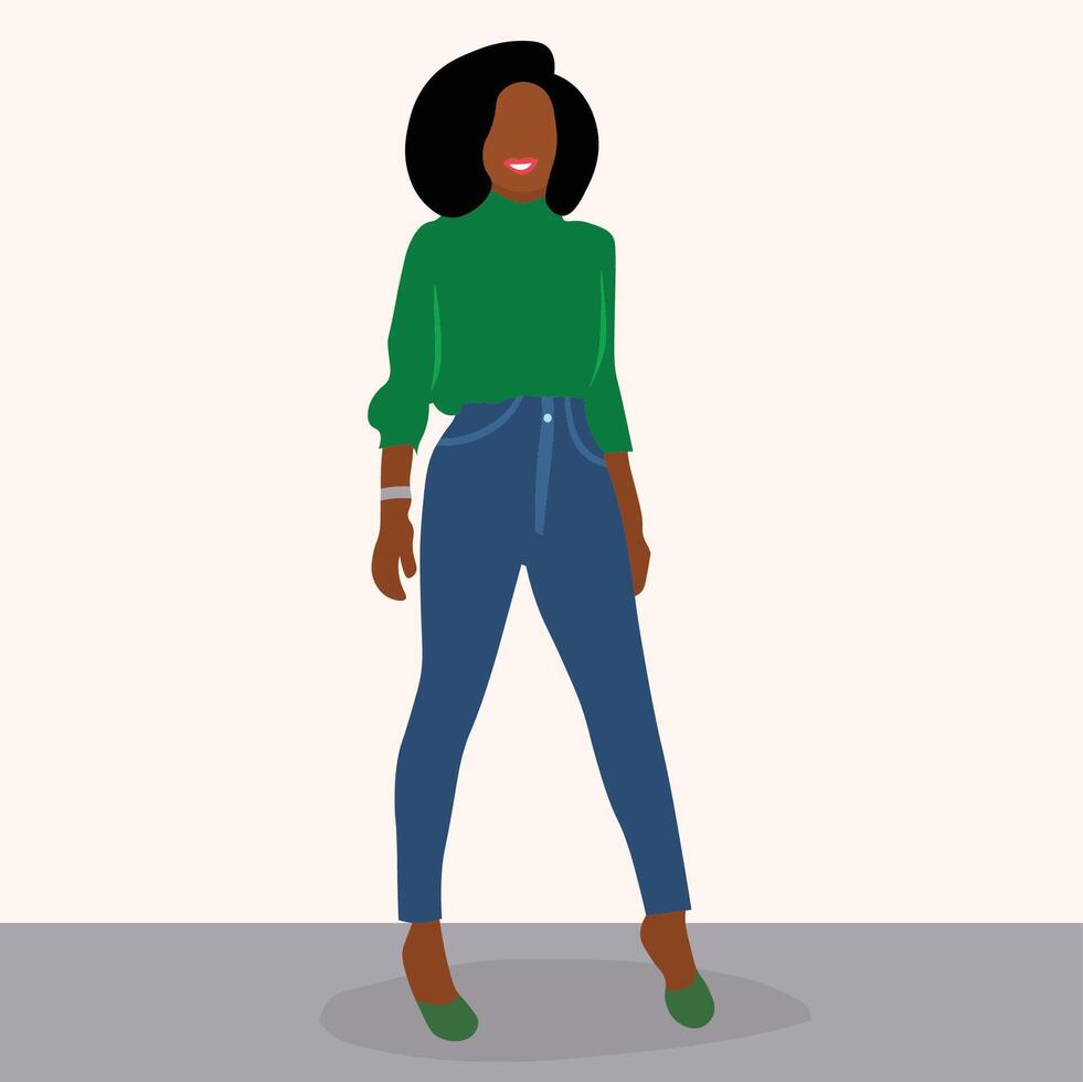 Elegant Young African woman in blue jeans line art style vector