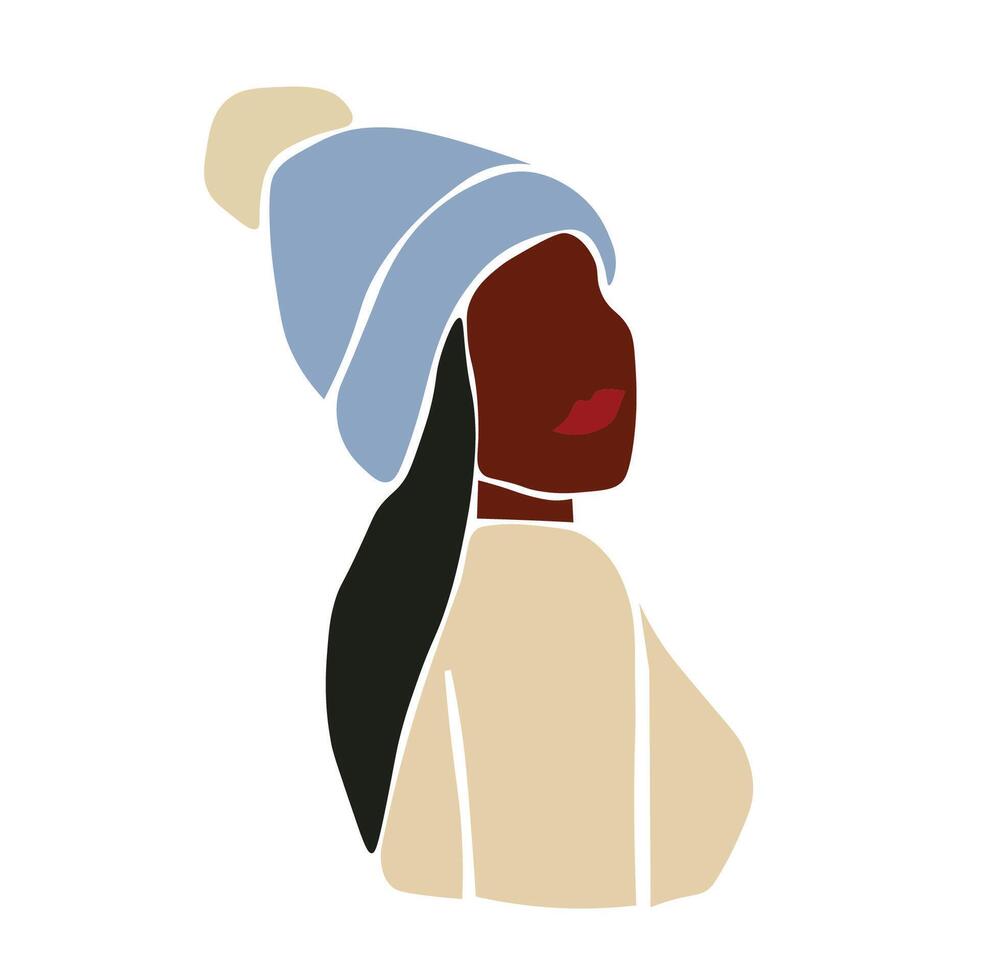 Abstract black woman in a blue beanie elegant line art style vector