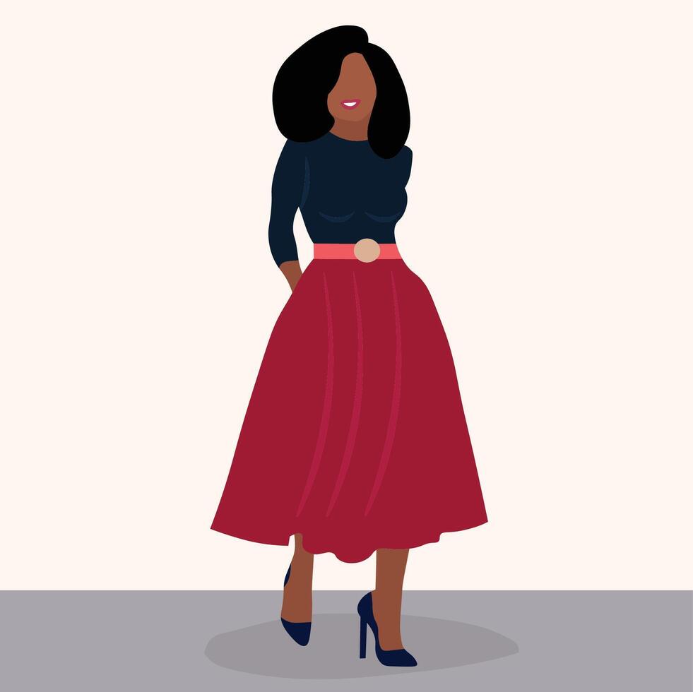 Elegant Young African woman in red skirt line art style vector
