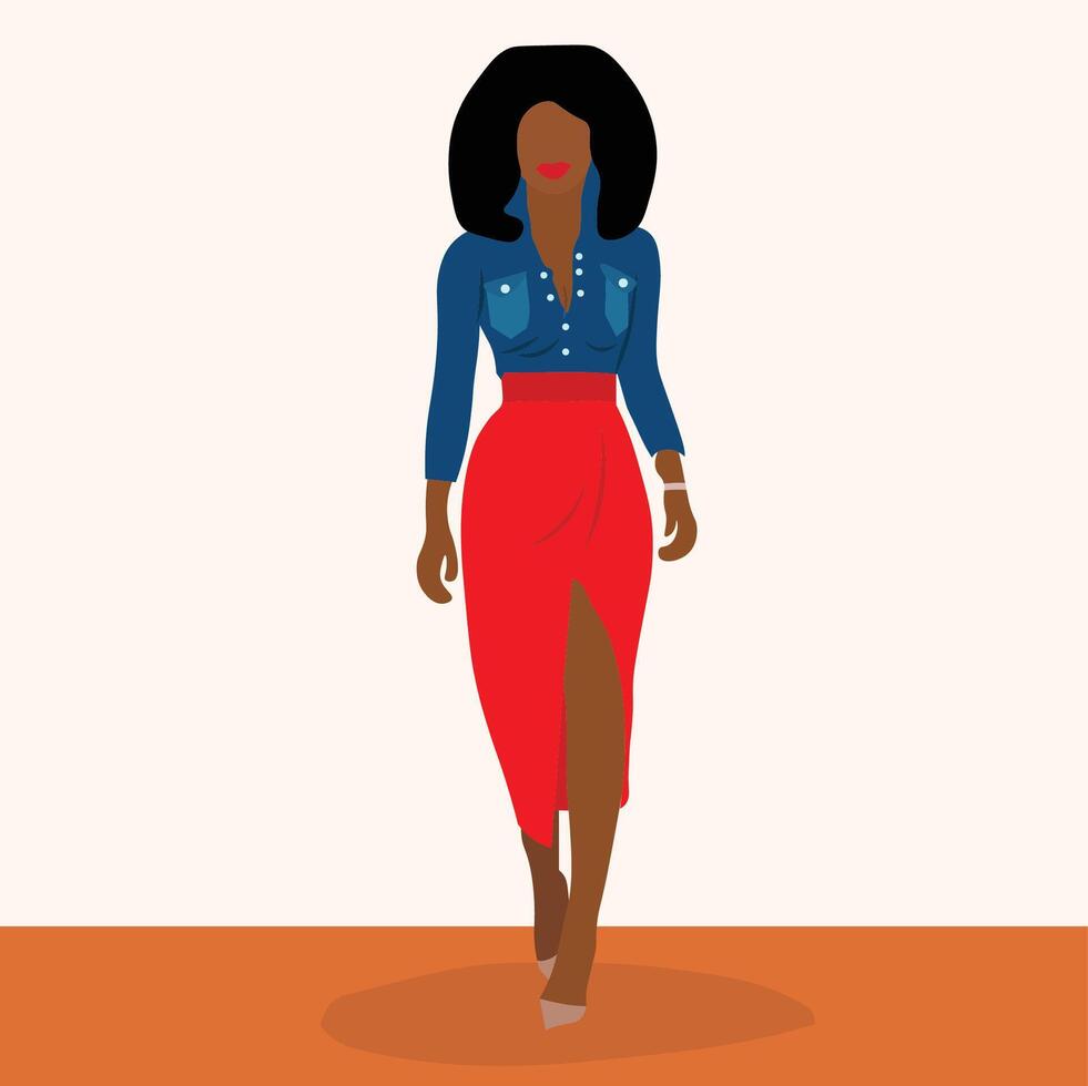 Modern Fashionable African Woman in elegant red skirt line art style abstract vector