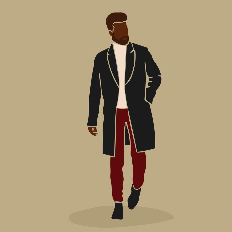 Modern fashionable black man in a blue coat line art style abstract vector