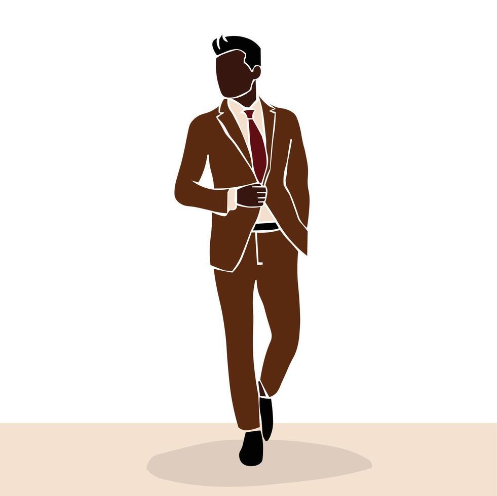 Modern Fashionable black man in brown suit line art style abstract vector