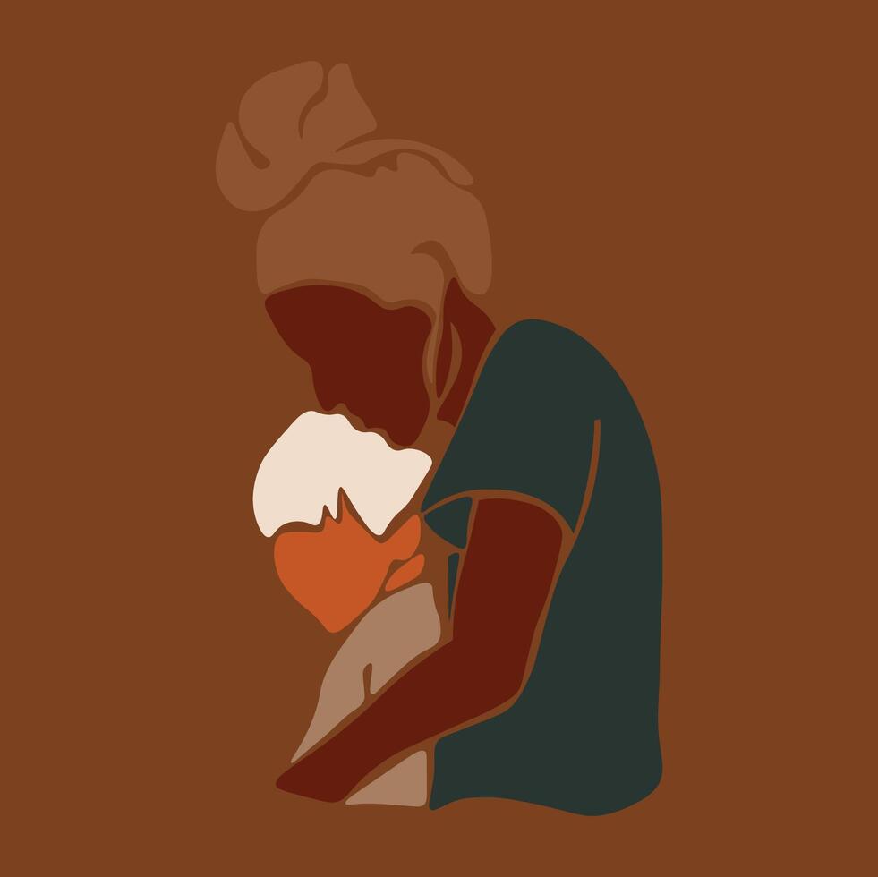 Black mother holding son in line art style vector