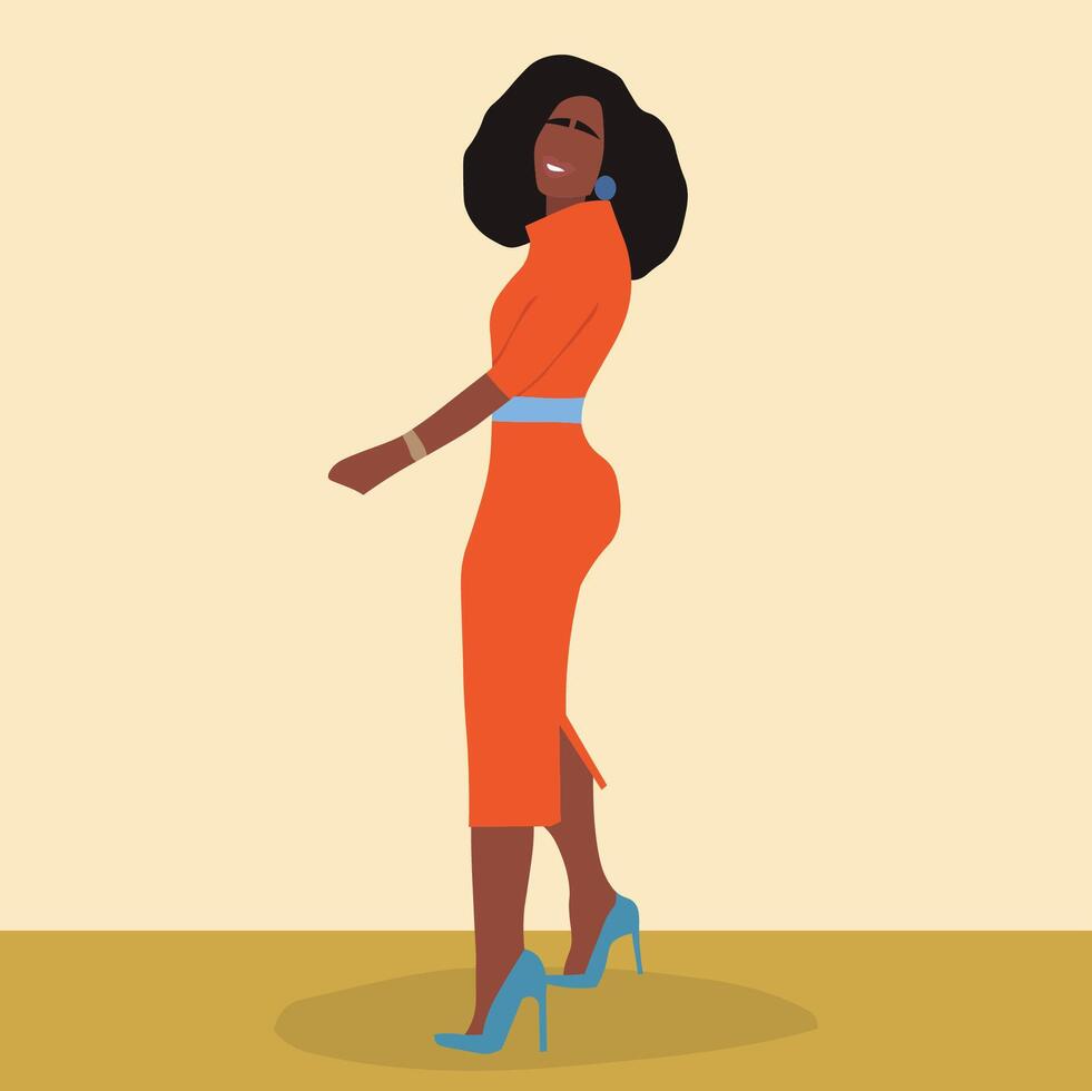 Stylish African Woman in elegant orange dress line art style abstract vector