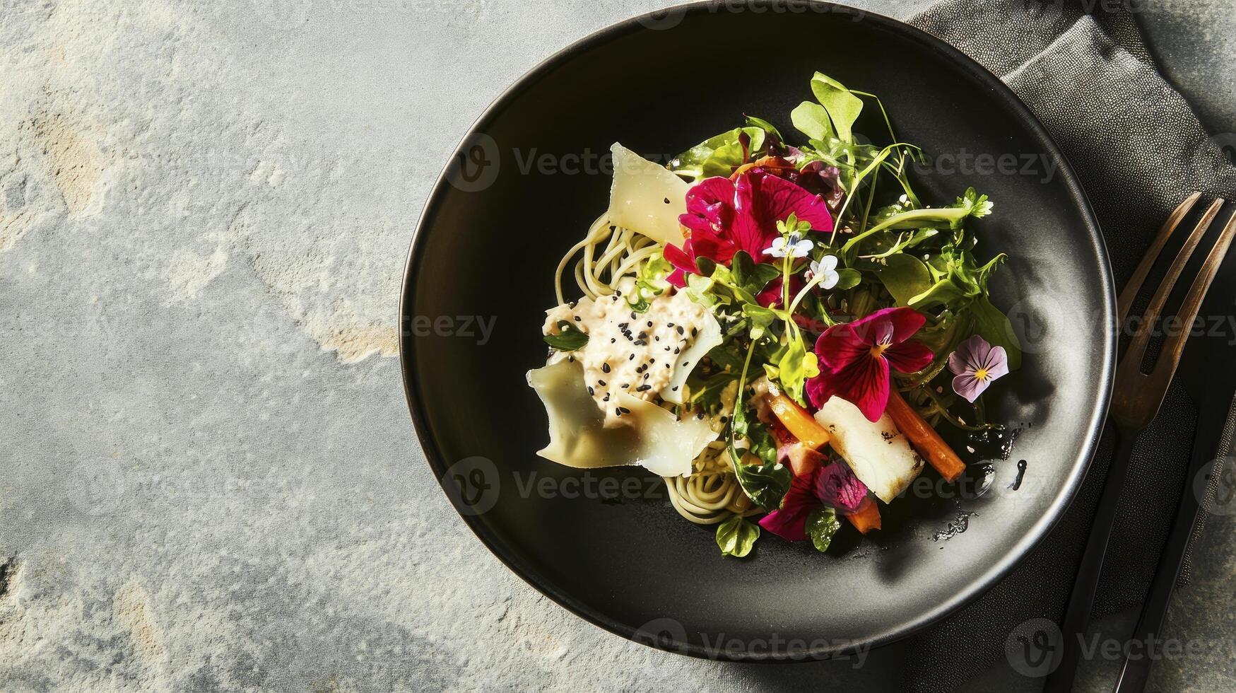 A black plate with a salad on it photo