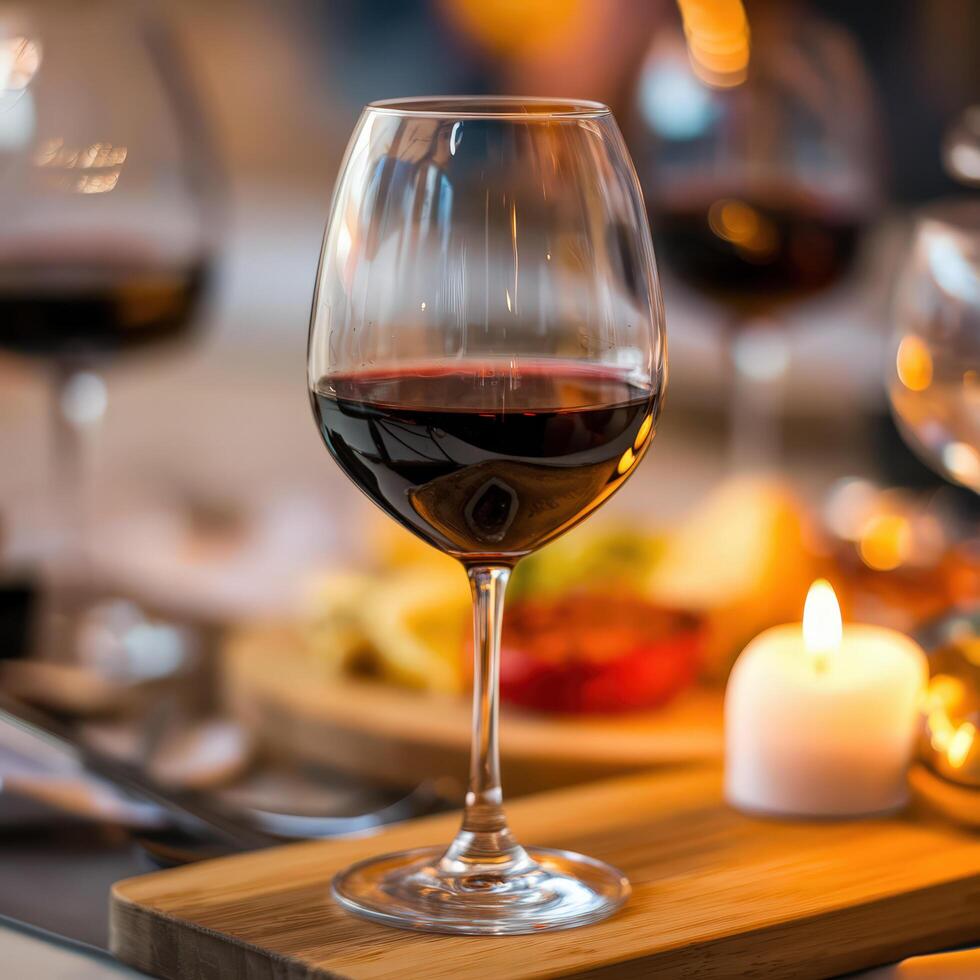 Glass of red wine on table in restaurant. Selective focus. photo