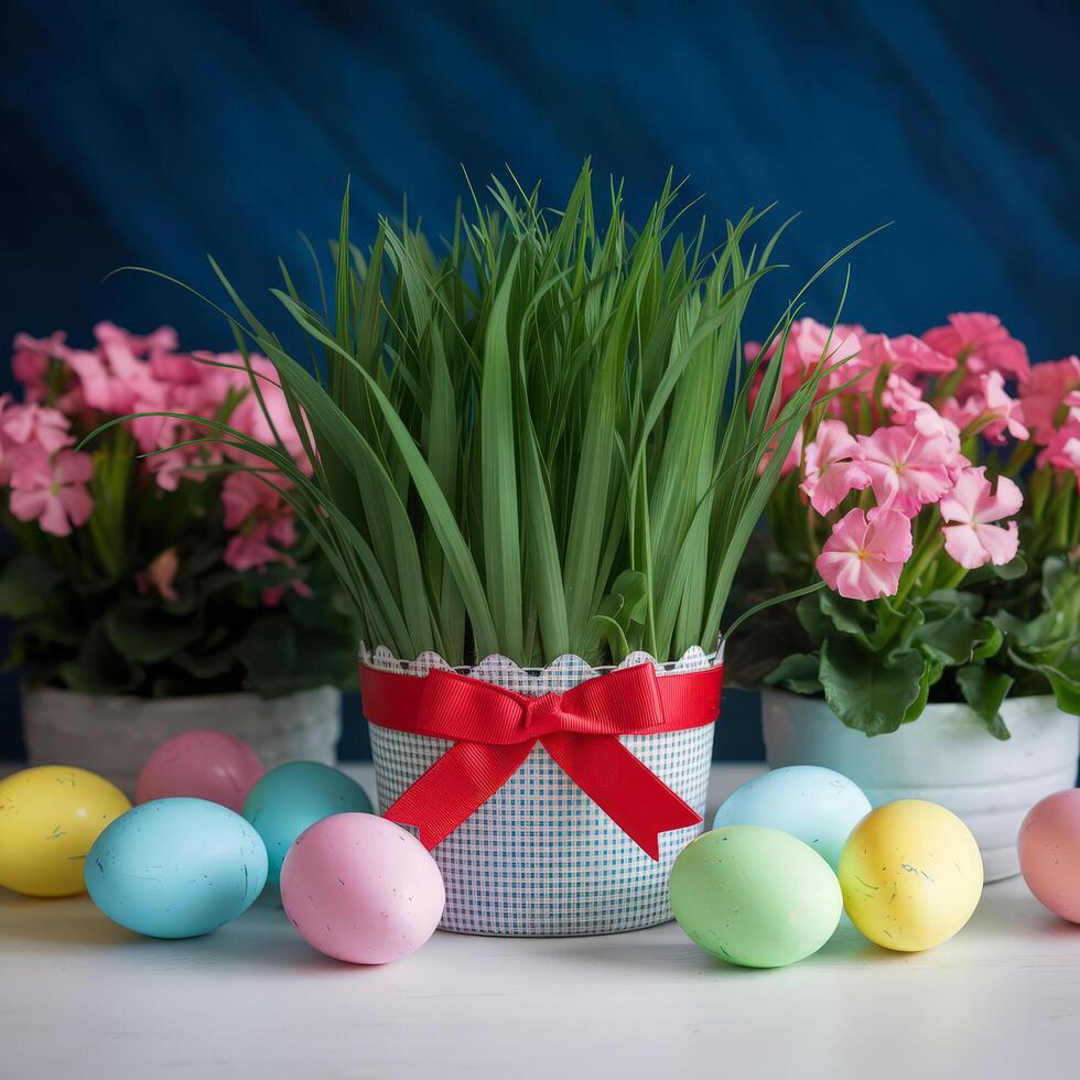 Easter eggs and spring flowers on a blue background. Happy Easter decoration photo