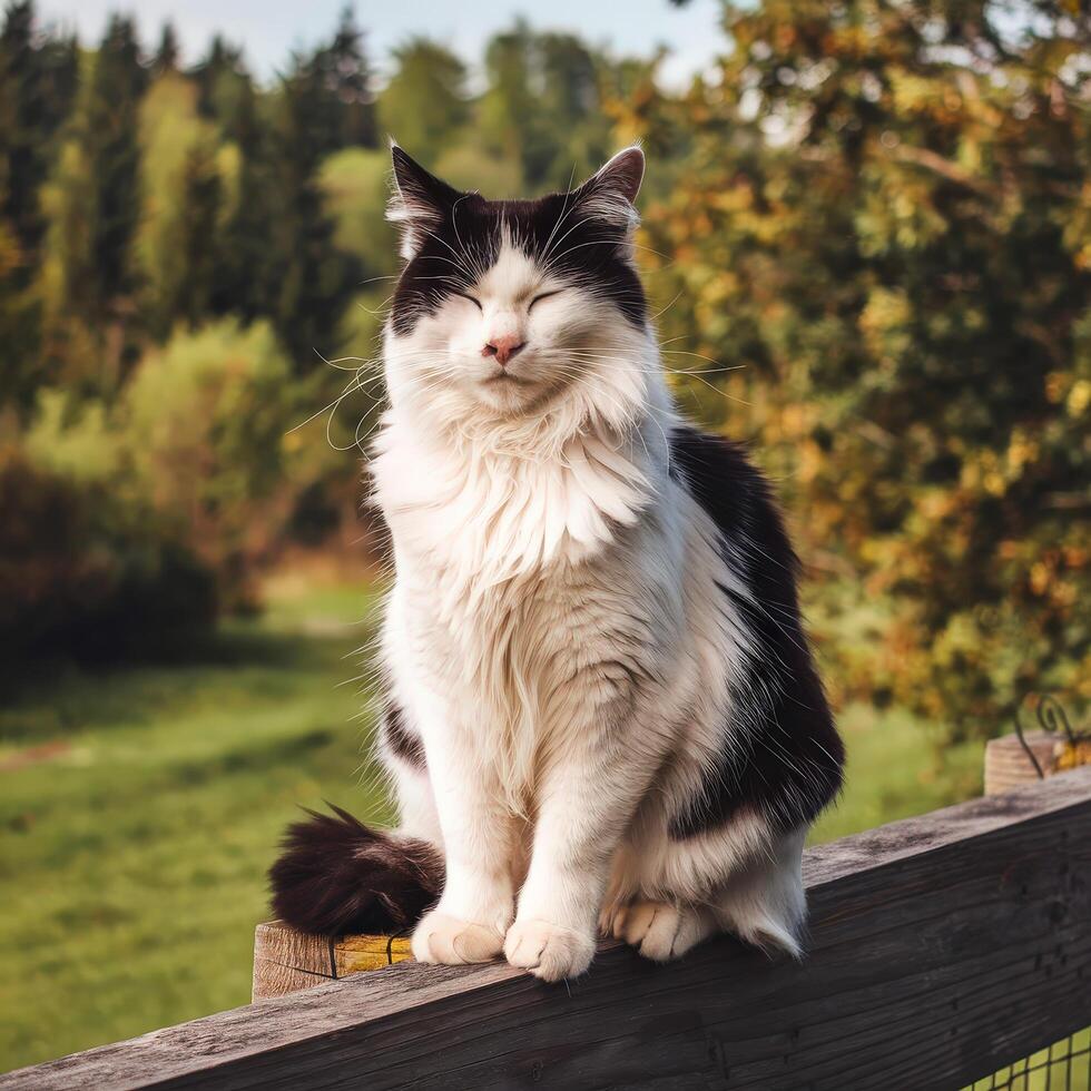Beautiful black and white cat with closing eyes sitting on a wooden fence in a park photo