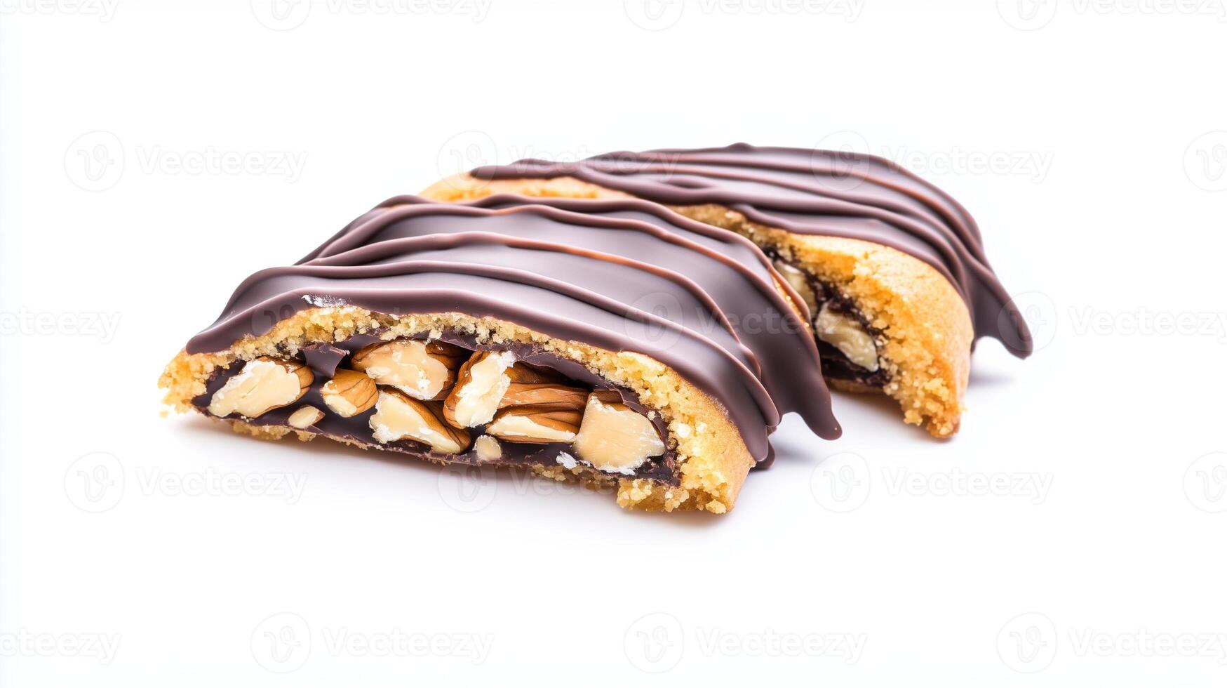 Close up chocolate covered almond pastries with nut filling on white background. Baking Day. Chocolate Cookie Day. Sweet Tooth Day. Cookie Day. Chocolate Day. National Nut Day photo