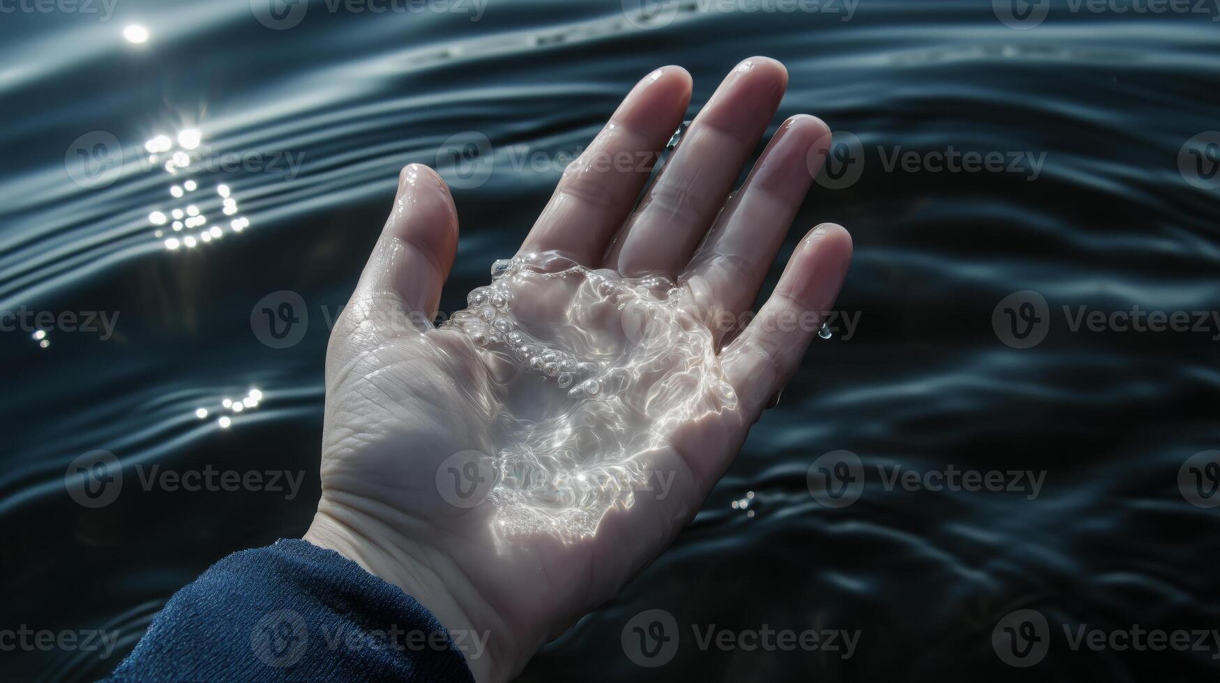 Hand holding glistening water droplets against a calm lake, symbolizing purity, renewal, and mindfulness. The sunlight reflections enhance the serene and meditative mood photo