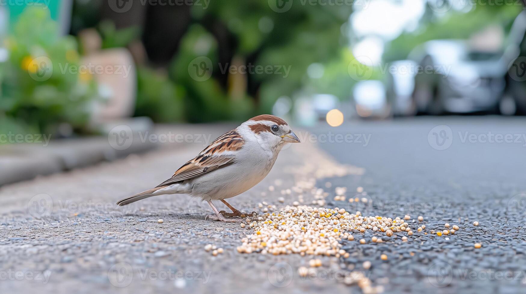 Close up of sparrow pecking seeds on urban street. World Sparrow Day photo
