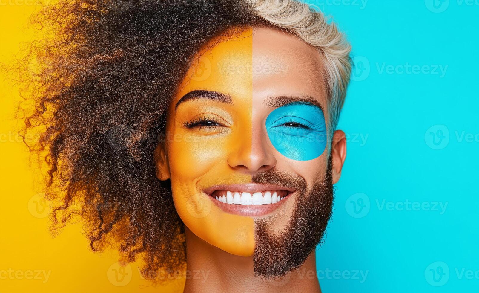 Creative split portrait of a smiling person expressing duality and individuality through contrasting styles and vibrant face paint. Celebrates inclusivity, self-expression, and gender diversity photo