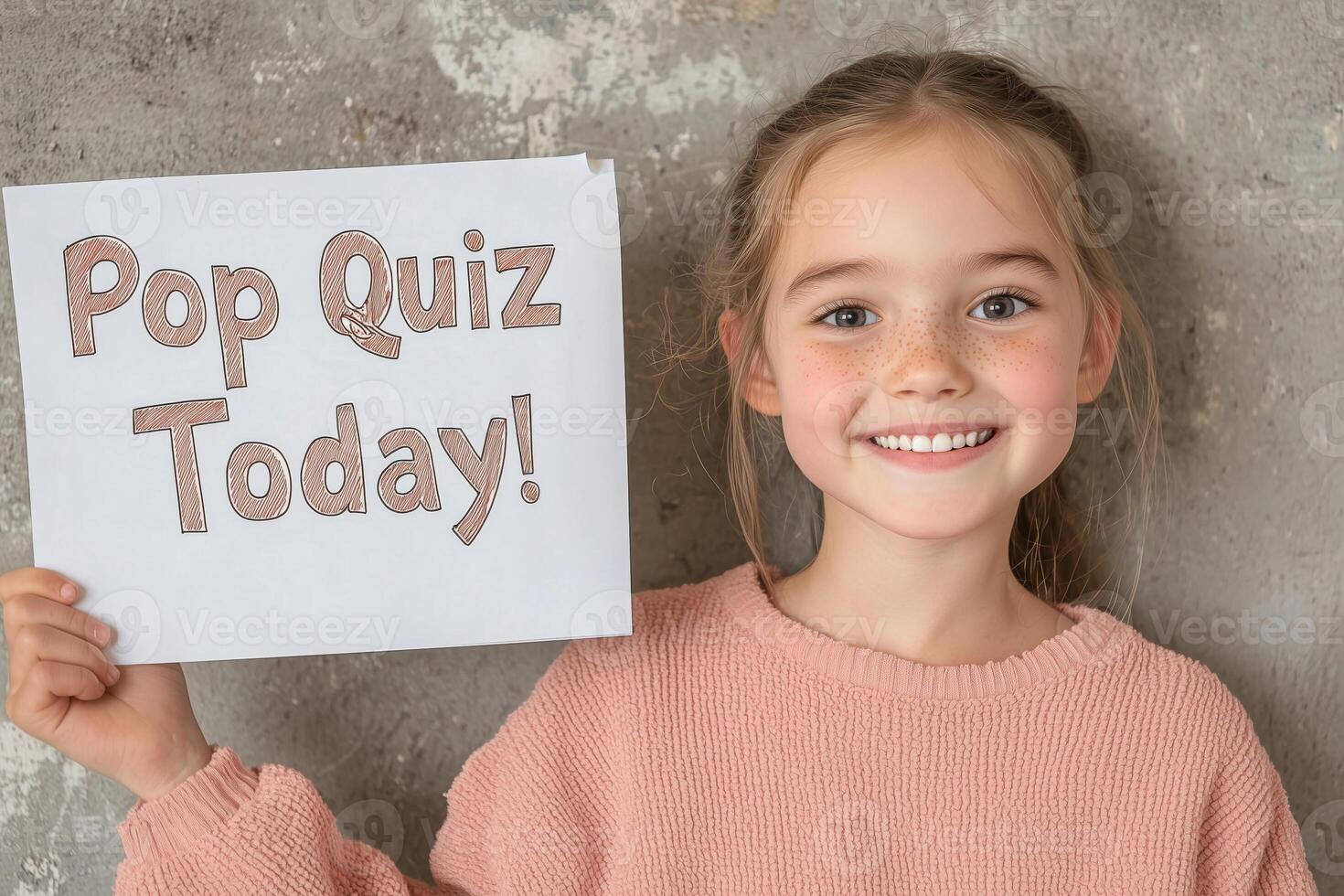Cheerful girl in a pink sweater holding a handwritten Pop Quiz Today sign against a textured wall, radiating positivity and energy. April Fools' Day.Literacy Day. photo