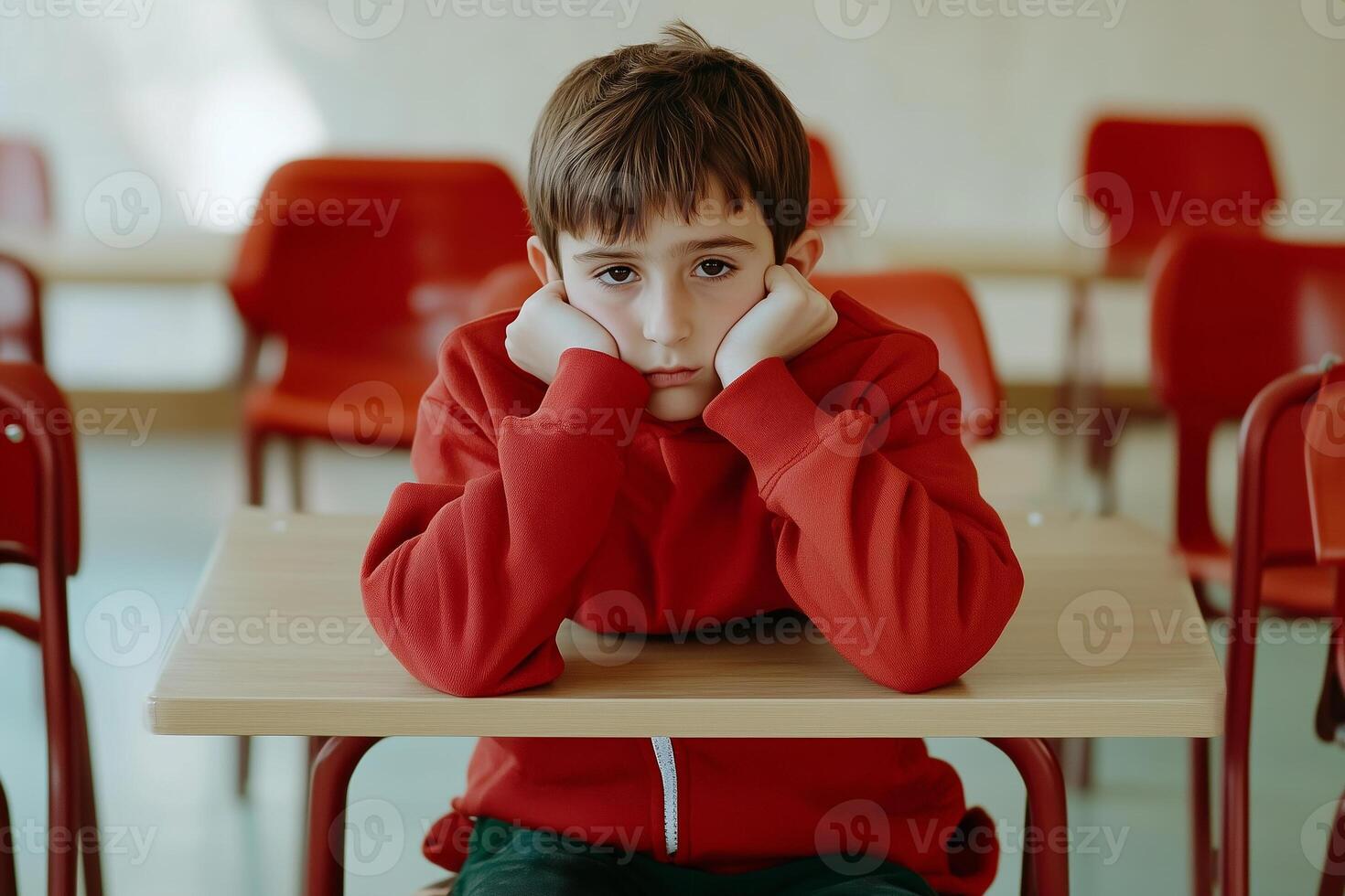 Sad young boy in a red sweater sitting alone at a school desk, resting his head on his hands. A concept of boredom, loneliness, or struggles in education photo