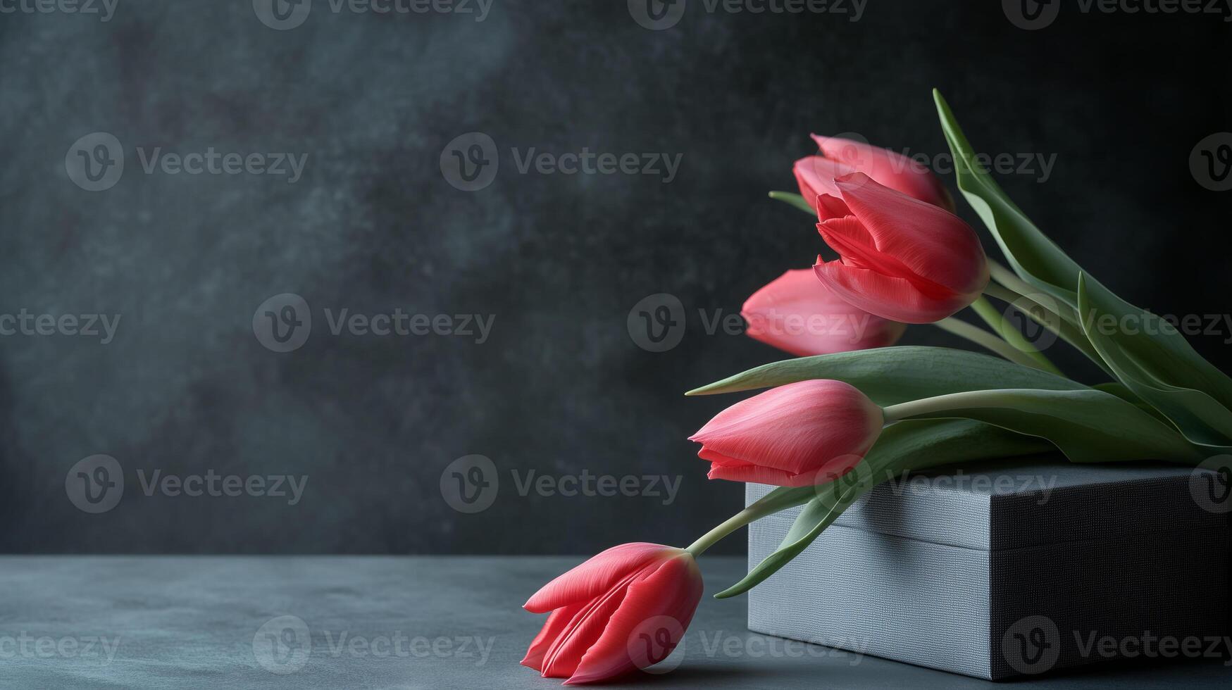 Elegant red tulips on gray gift box against dark background. Greeting card for of Valentines day or birthday. Copy space for text. Women's day and mother's day. photo