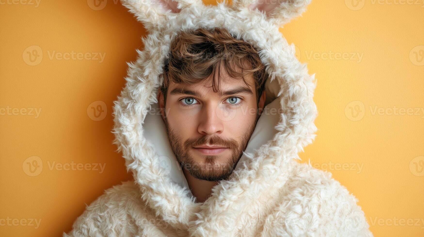 Portrait of a man wearing a fluffy white bunny costume, with vibrant blue eyes and a yellow backdrop. photo
