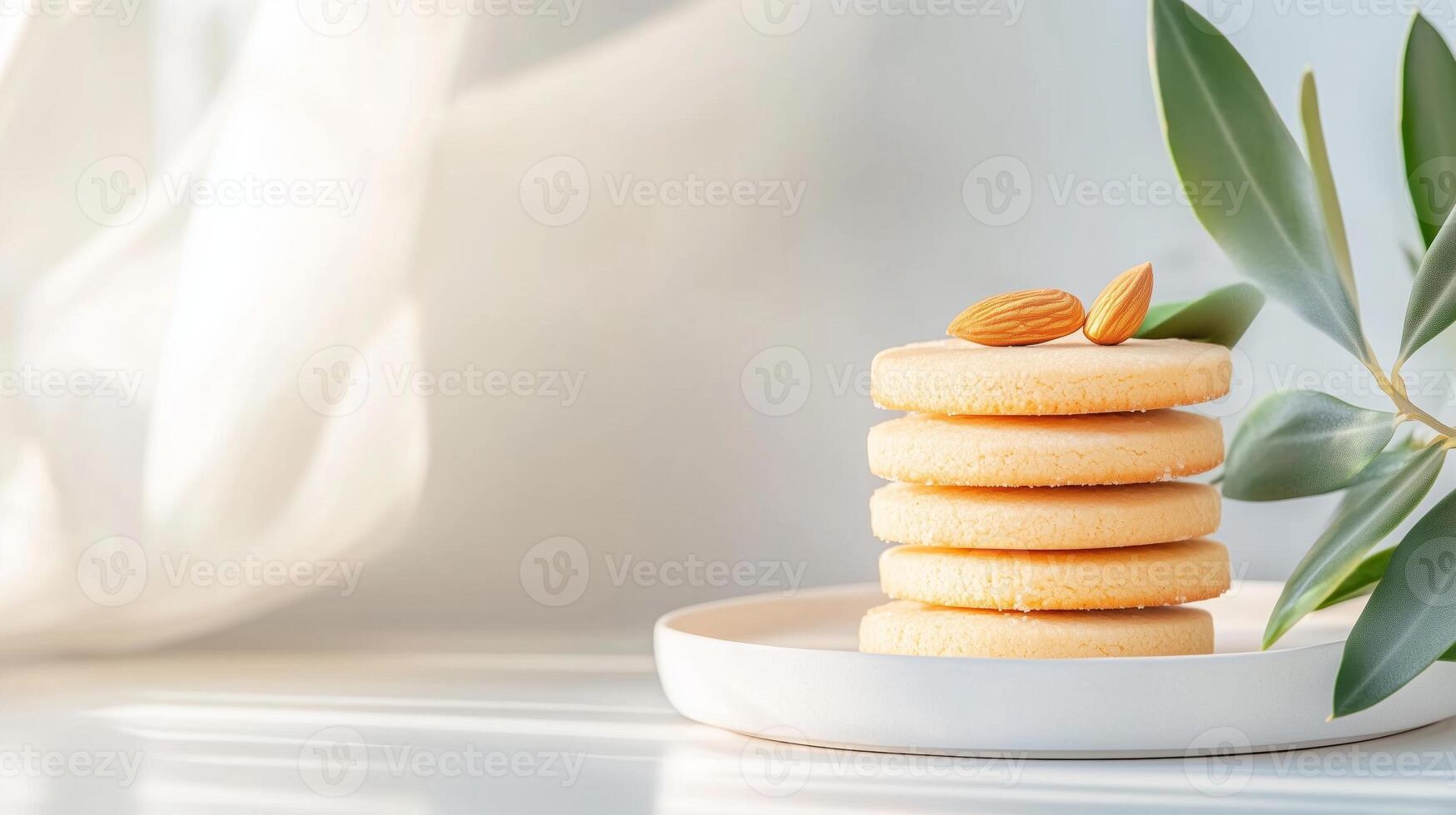 Stack of almond cookies on a white plate with soft sunlight and leafy decoration. photo