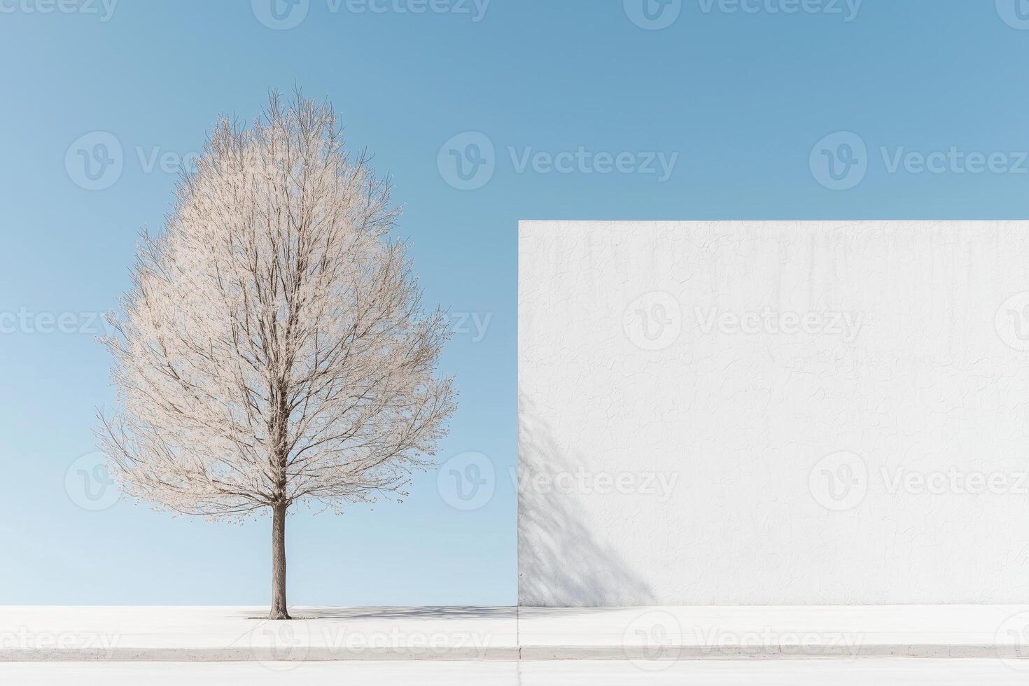 Minimalist landscape with bare tree and modern white wall under clear blue sky photo