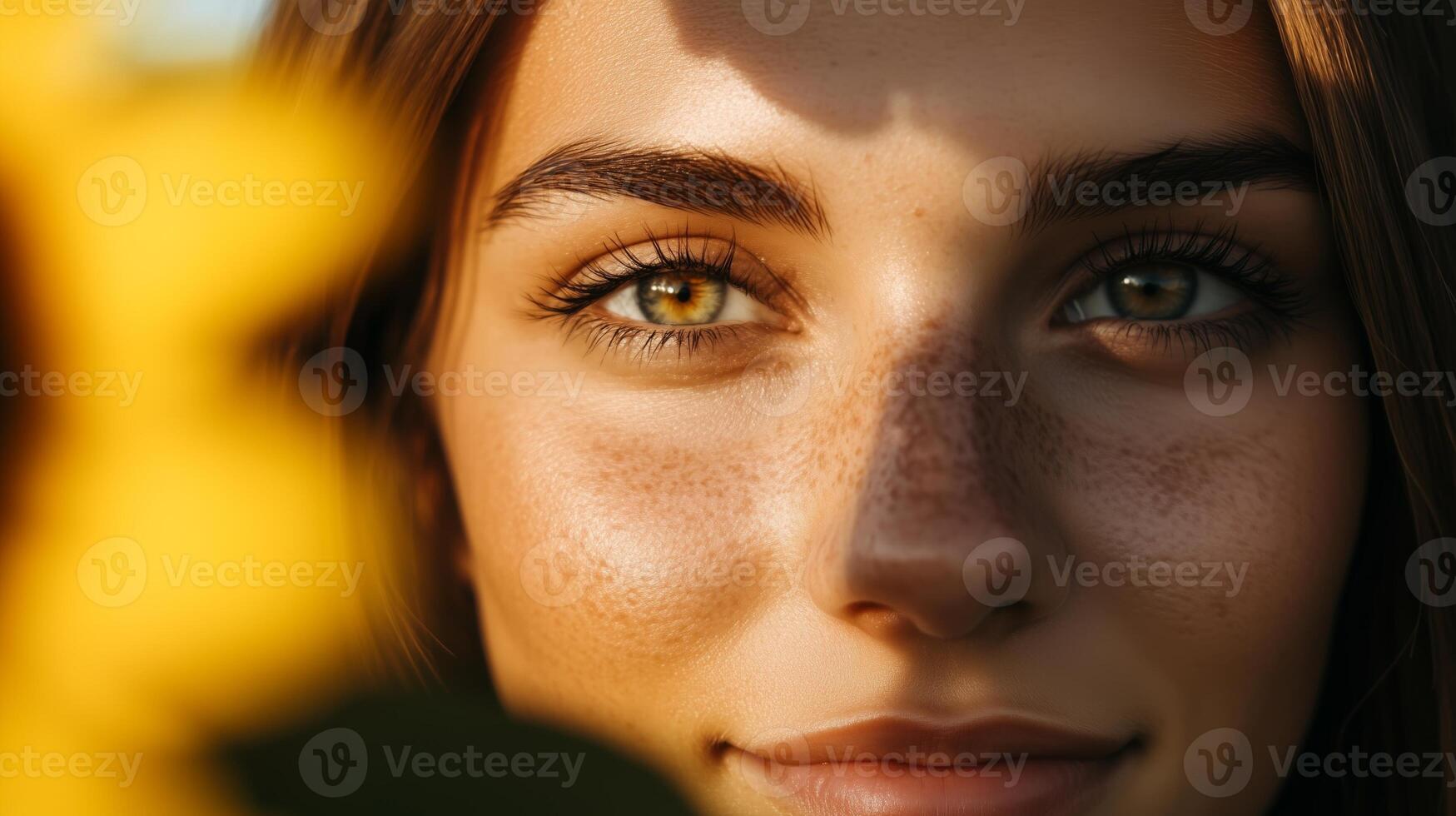 Close-up portrait of a young woman with freckles and green eyes, illuminated by warm sunlight. Natural beauty, summer vibes, and self acceptance concept. photo