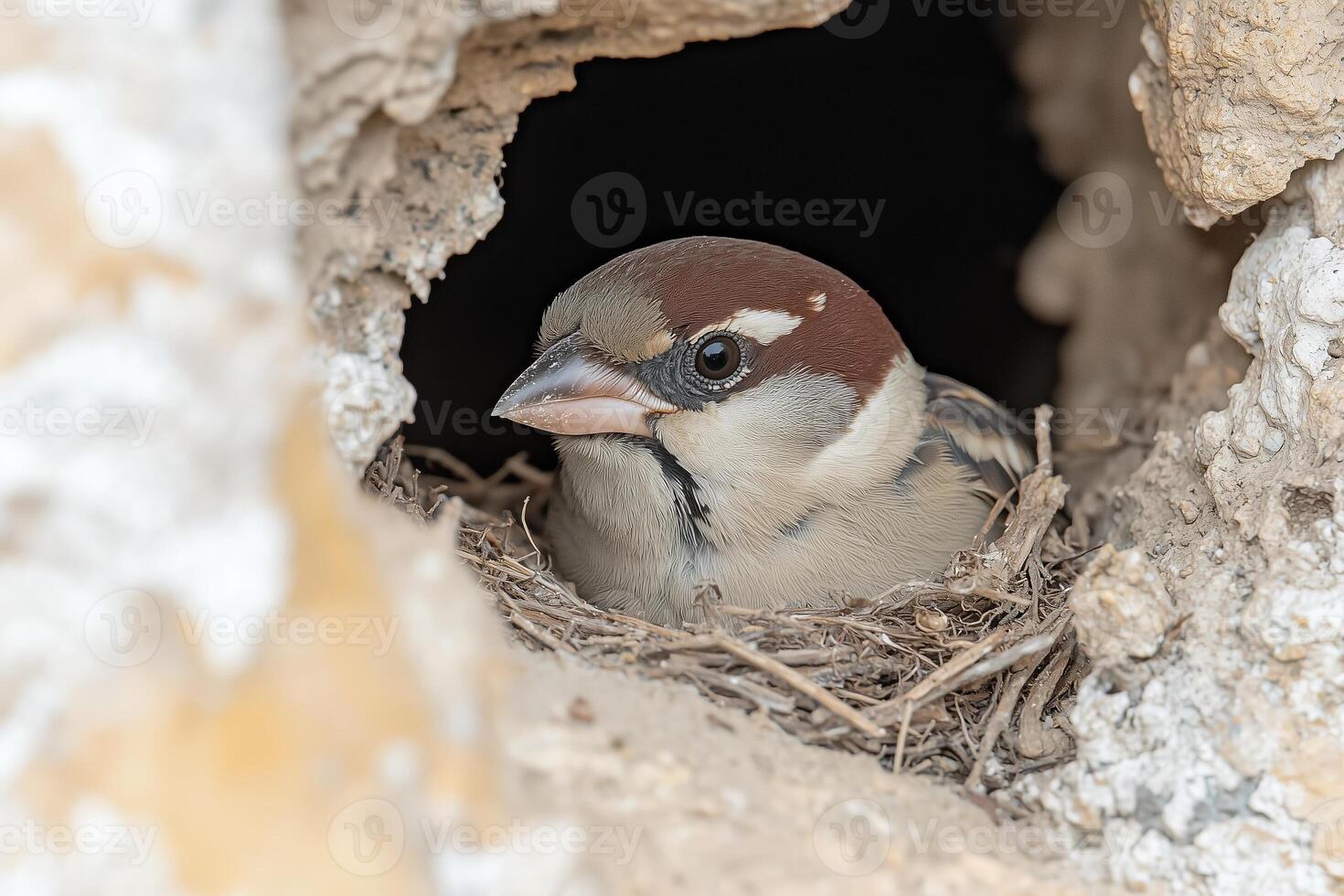 Close up of sparrow nesting in natural rock crevice. World Sparrow Day. photo