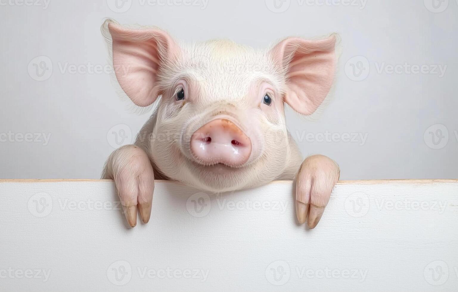 Adorable close-up of a curious piglet with floppy ears and bright eyes, peeking over a white board. Perfect for animal themes or farm related concepts. National Pet Day. photo