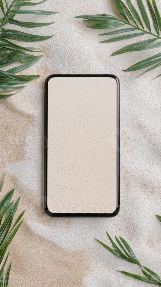 Minimalist smartphone mockup on a sandy texture, surrounded by green tropical leaves. Perfect for tech, design concepts photo