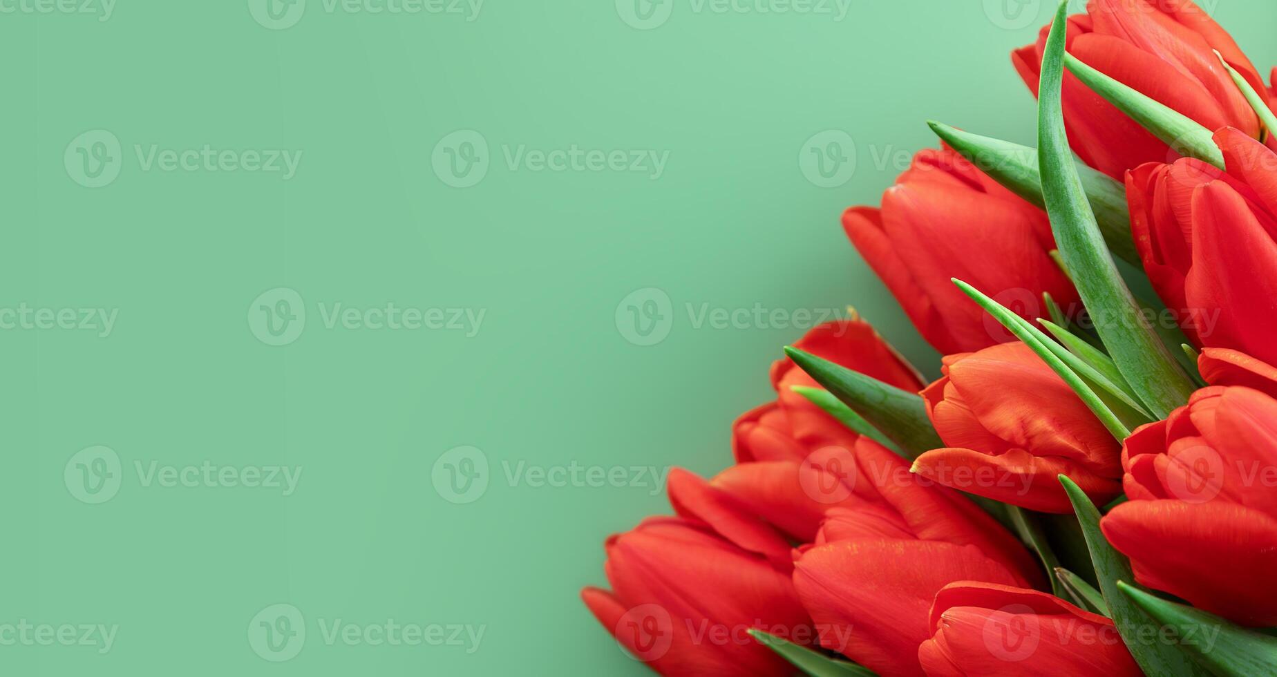 Close-up of a bouquet of vibrant red tulips with lush green leaves, arranged beautifully on pastel green background with copy space. photo