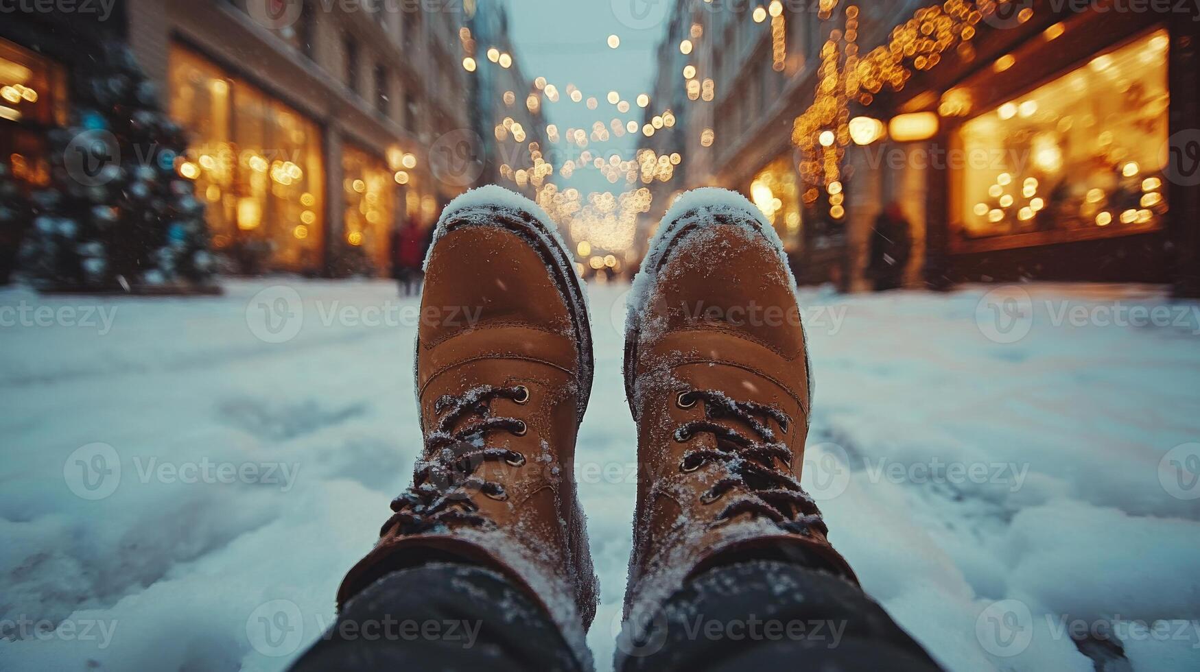 POV shot of snowy boots resting on a wintery street with festive city lights. Cozy winter moment photo
