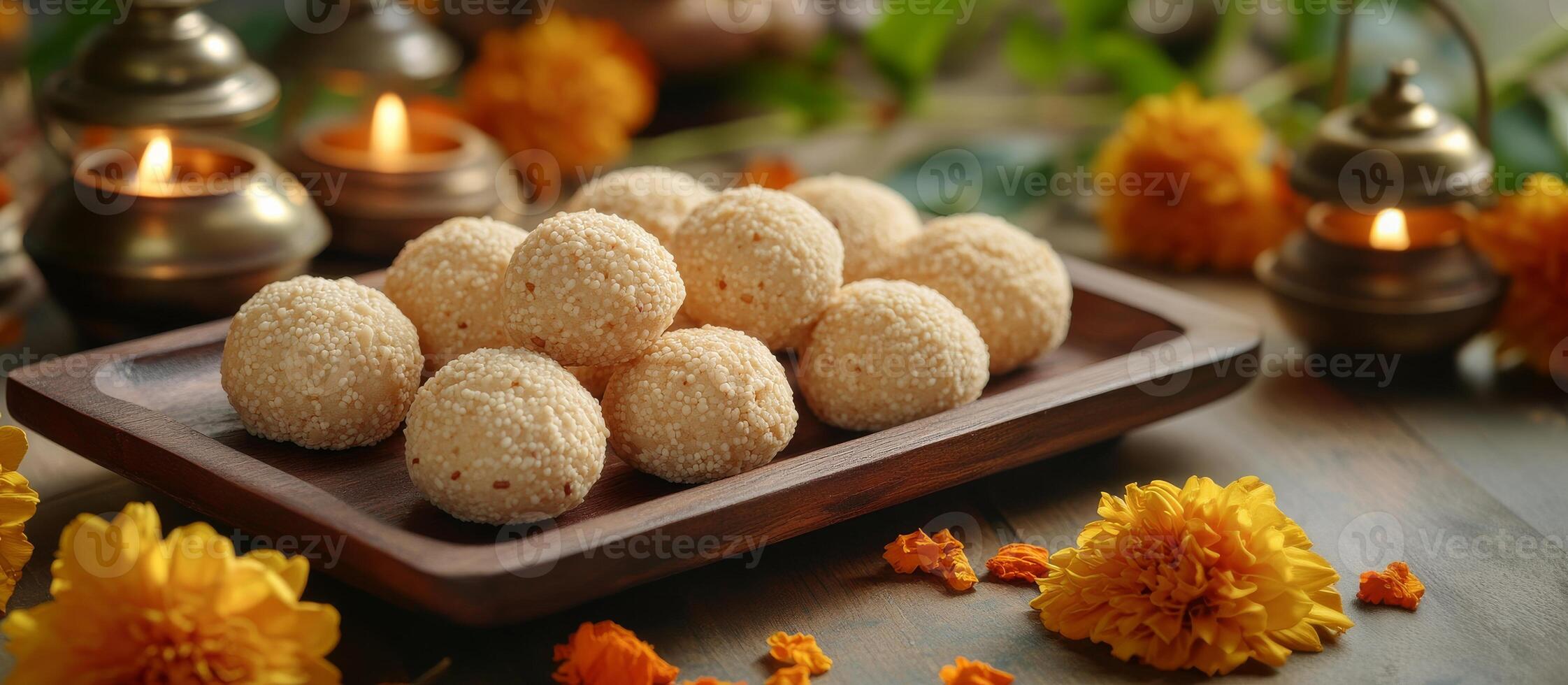Sesame and jaggery sweets tilgul arranged on a wooden tray. Makar Sankranti wide banner, copy space photo