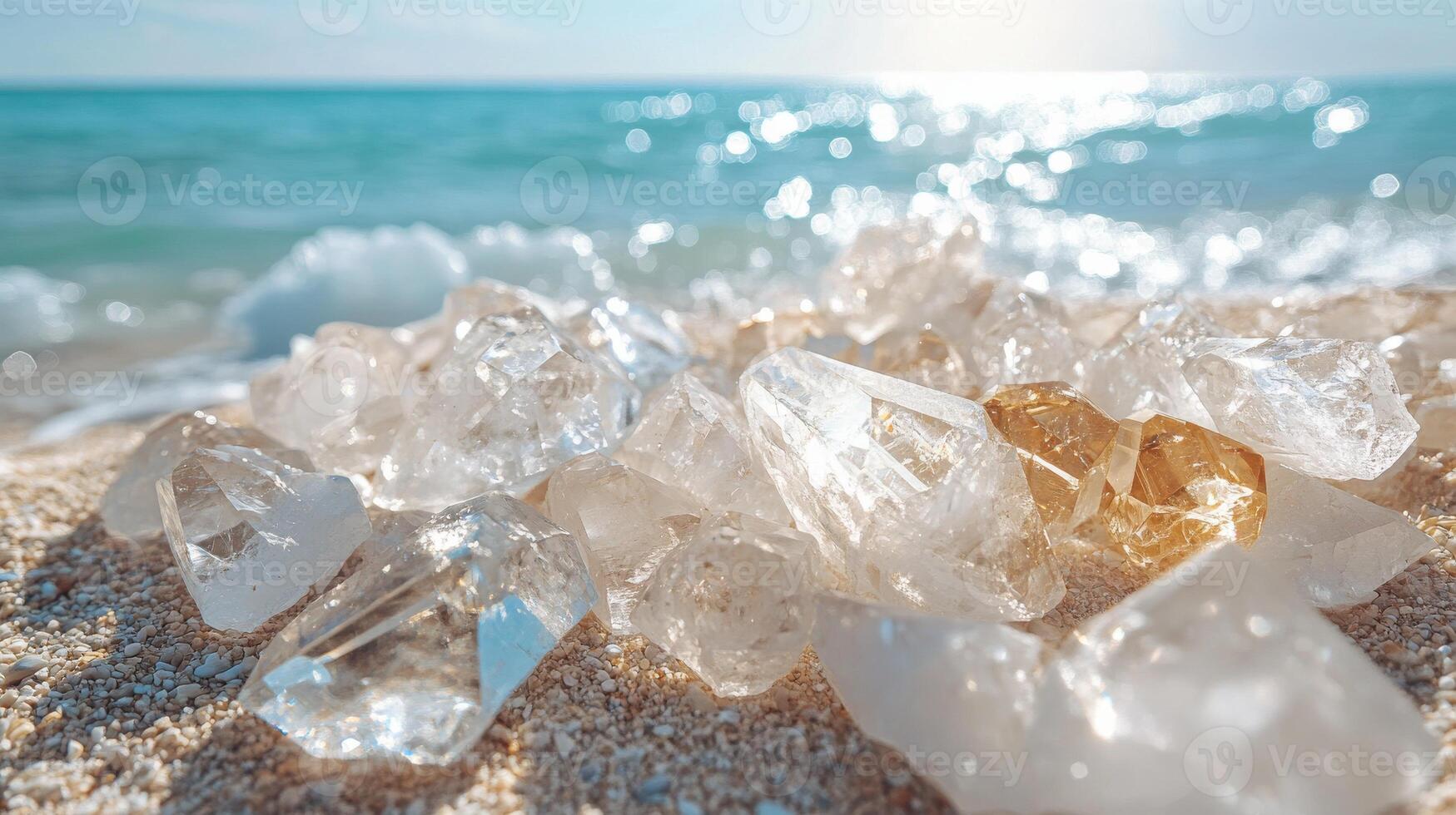 Crystals sparkle on sandy beach with ocean waves in background. Various gemstones, clear quartz, pyrite. Energy healing photo